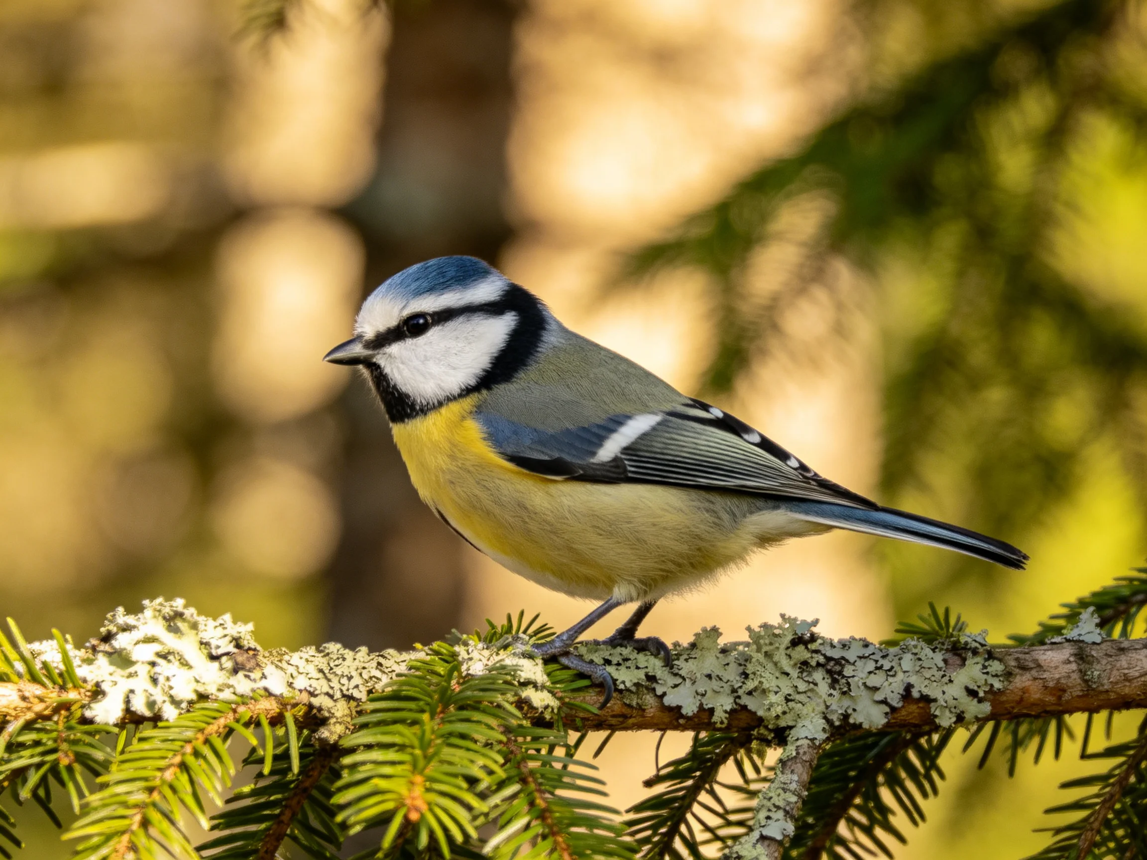 A colorful blue tit perched on a lichen-covered evergreen branch