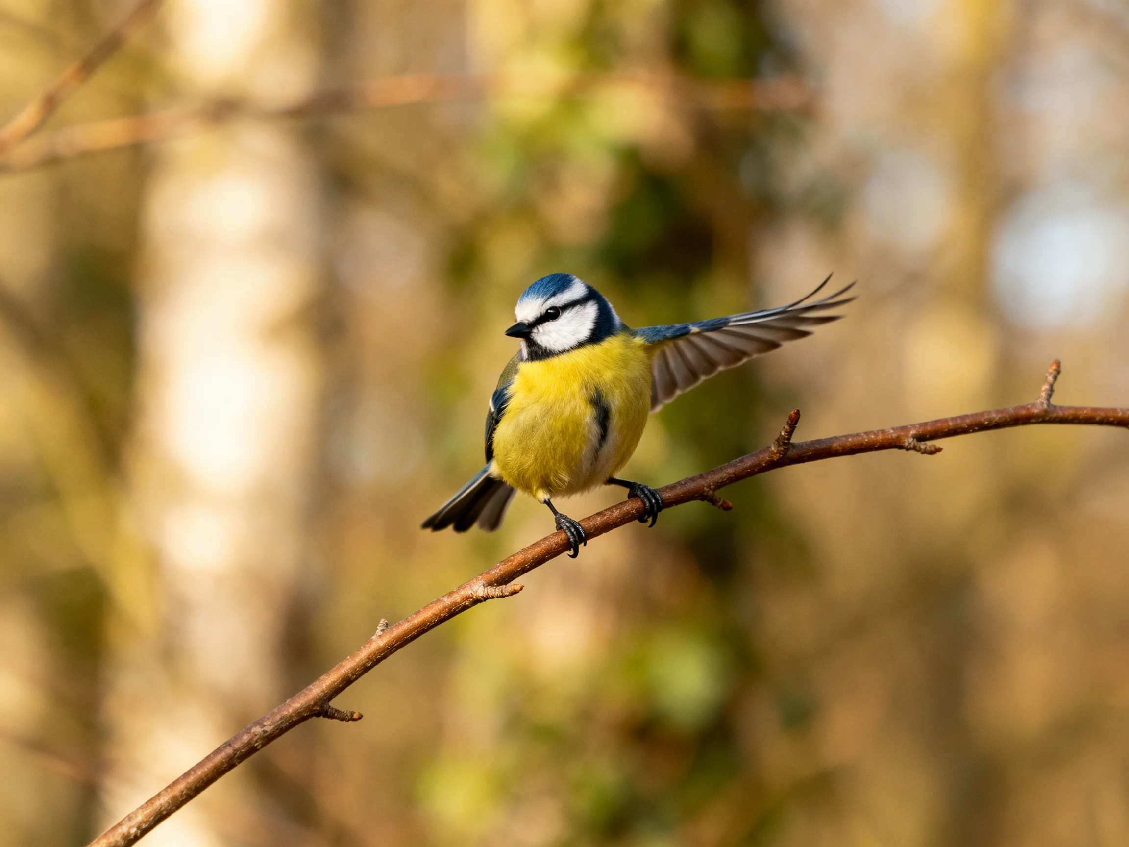 A colorful blue tit perched on a slender branch