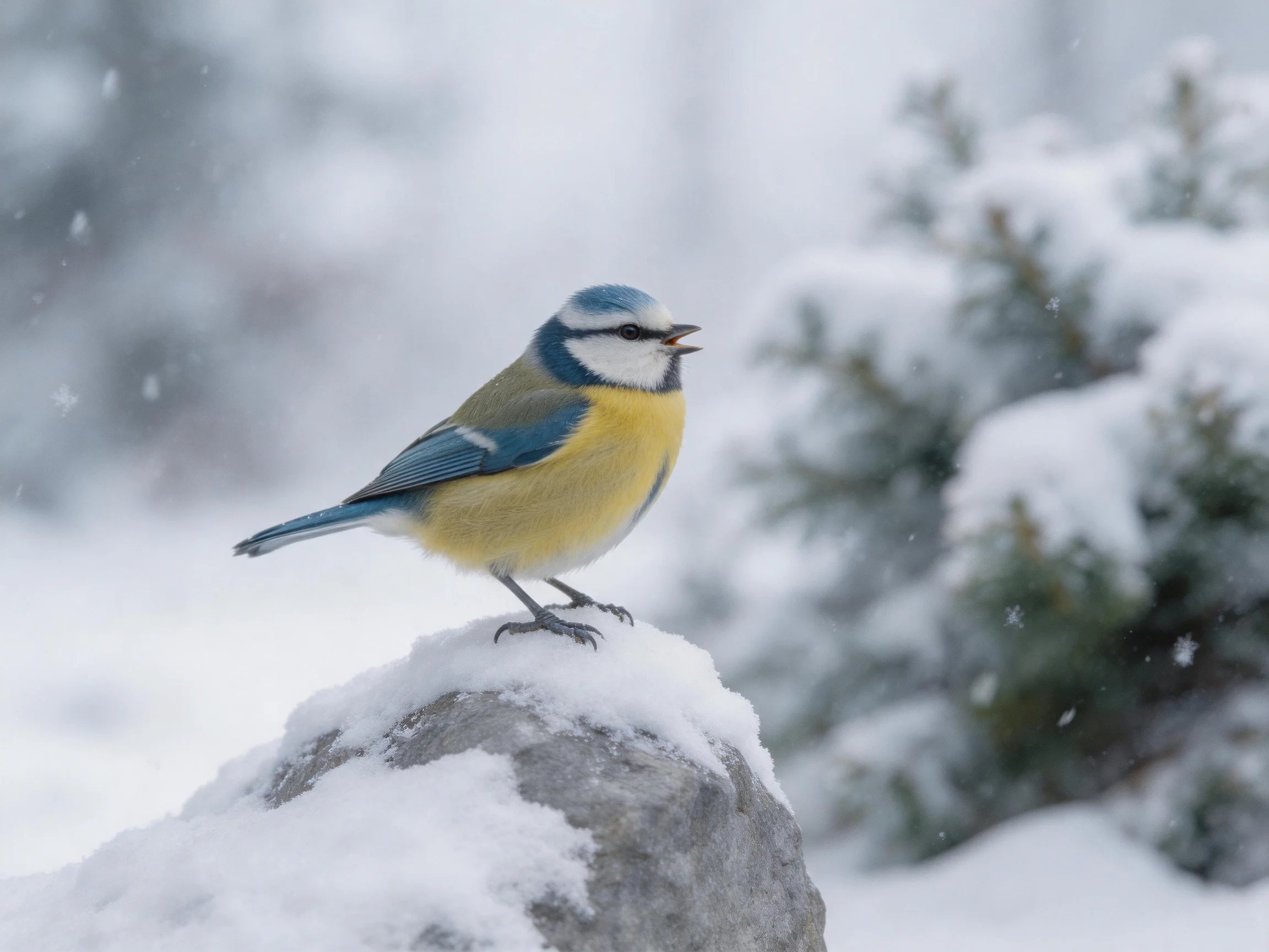 A colorful blue tit perched on a snow-covered rock in winter