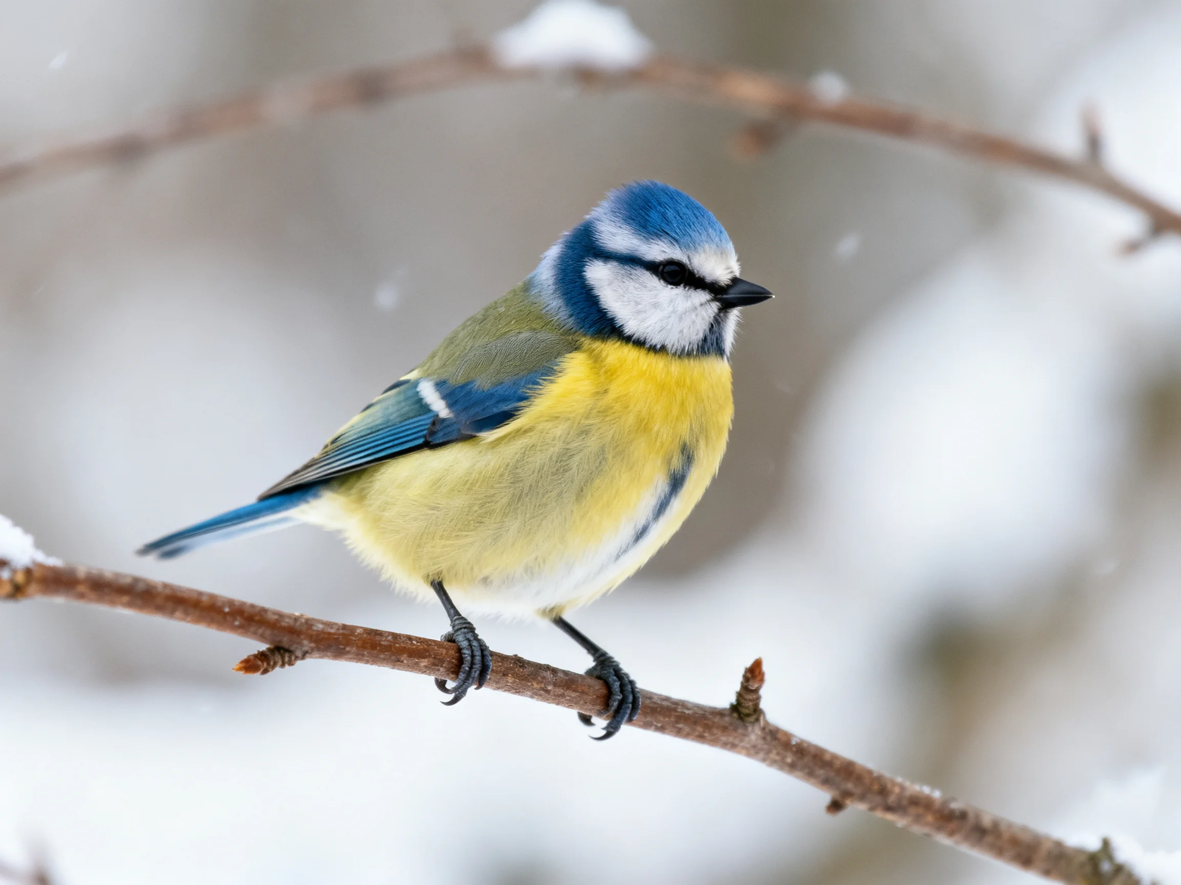 A colorful blue tit perched on a snow-dusted branch