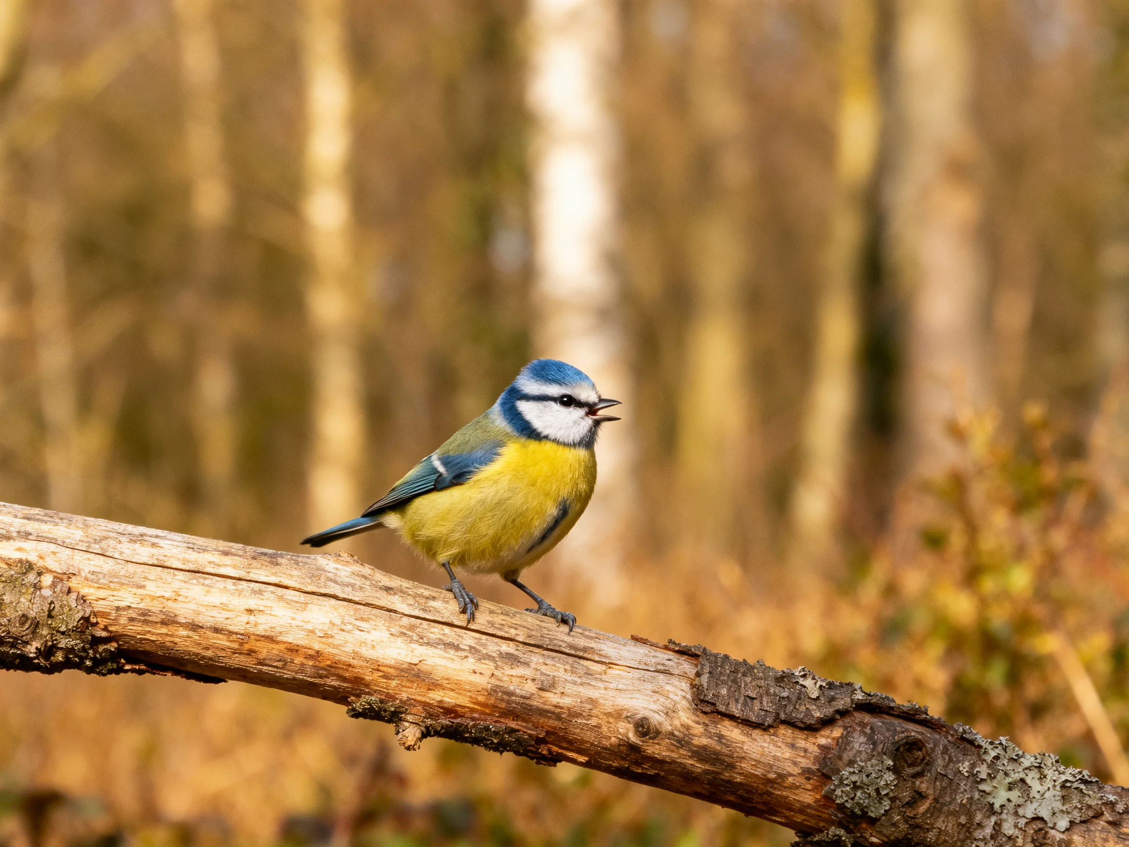 A colorful blue tit perched on a weathered wooden branch