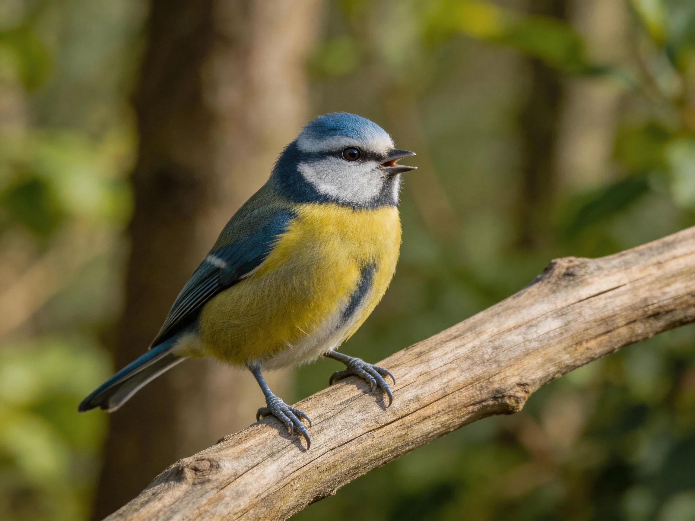 A colorful blue tit perched on a weathered wooden branch
