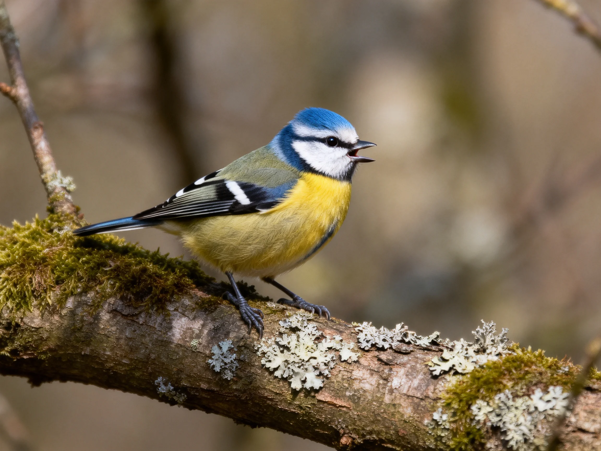A colorful blue tit perches on a mossy lichen-covered branch