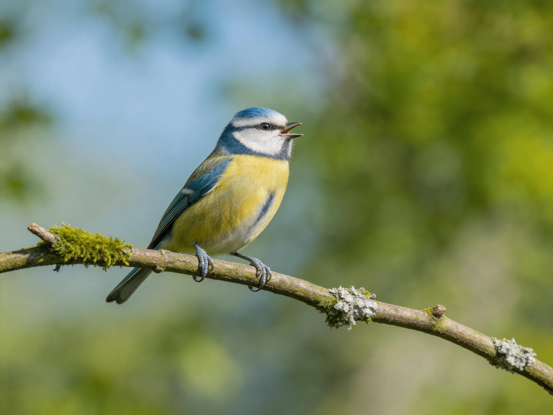 A colorful blue tit perches on a mossy, lichen-covered branch