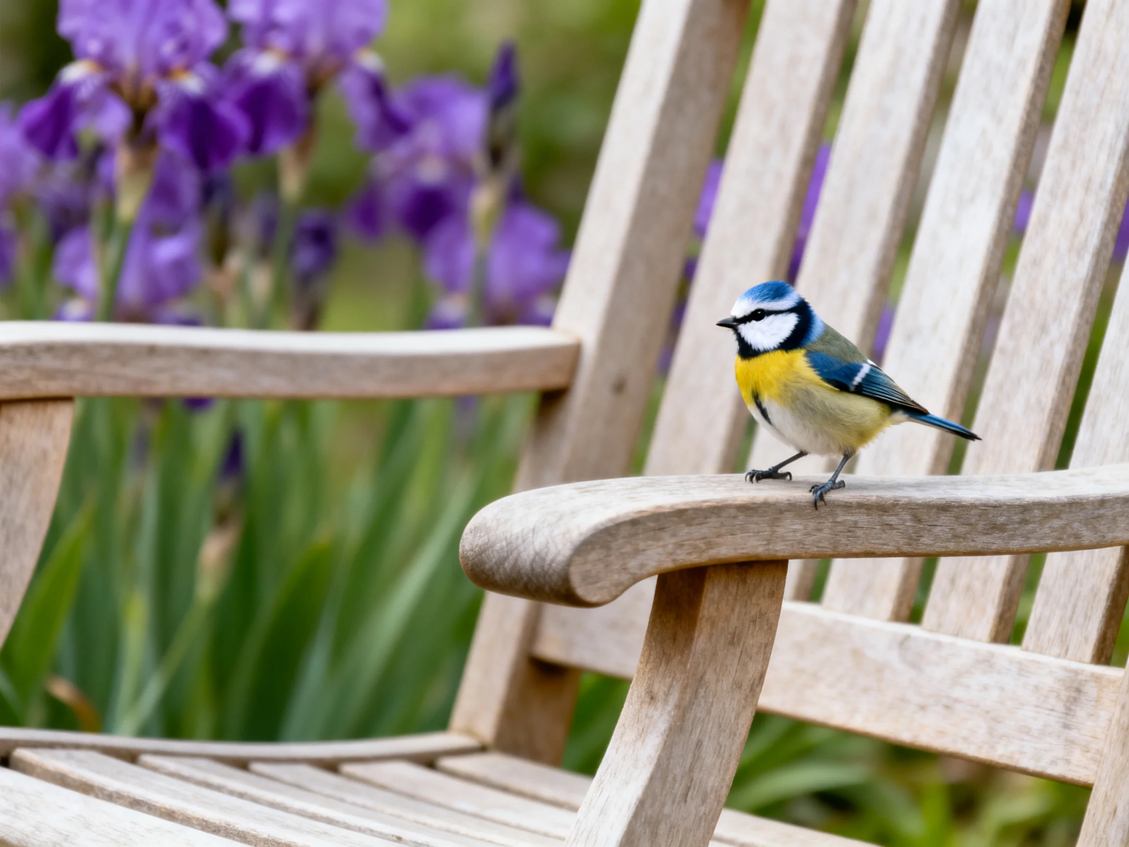 A colorful blue tit perches on a wooden bench beside purple iris flowers