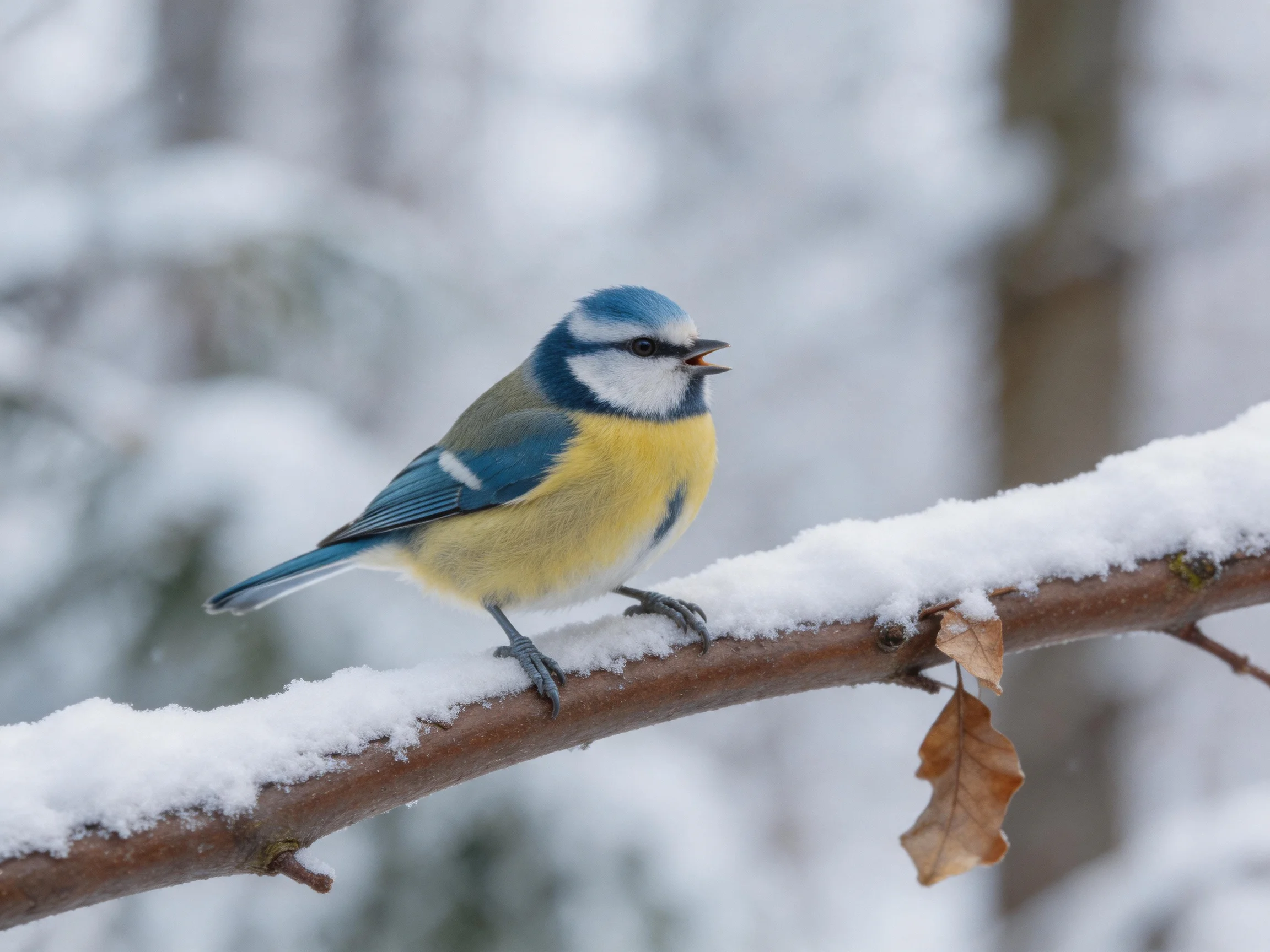 A colorful blue tit rests on a snow-laden branch