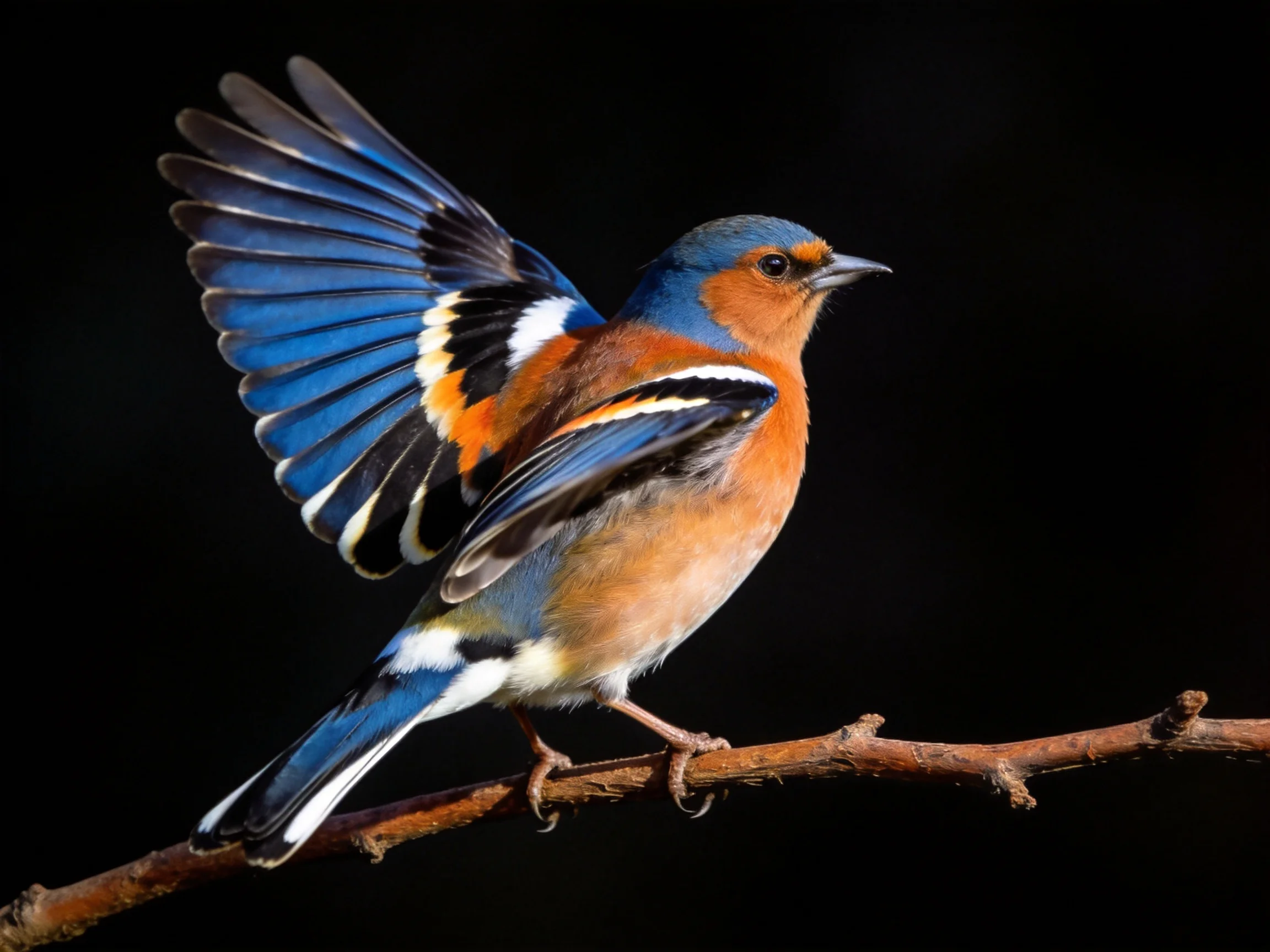 A colorful chaffinch spreads blue wings on a branch