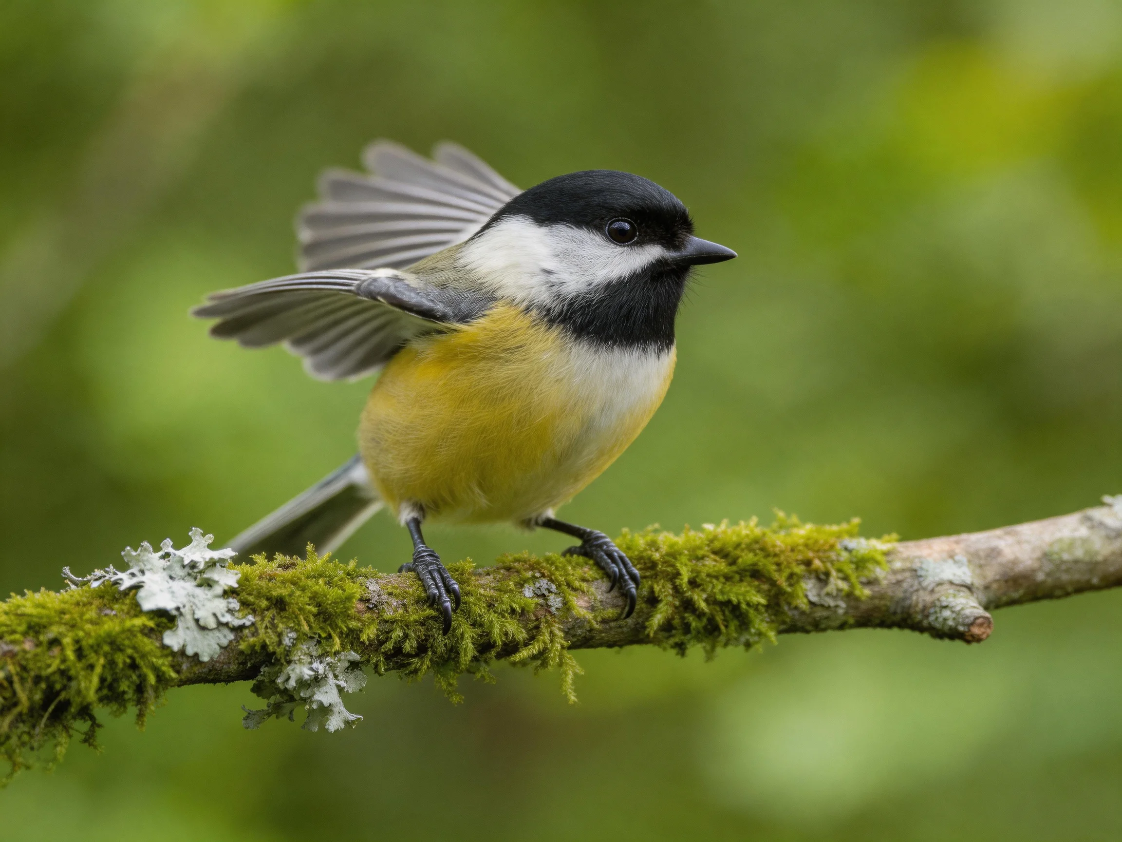 A colorful chickadee perches on a moss-covered branch
