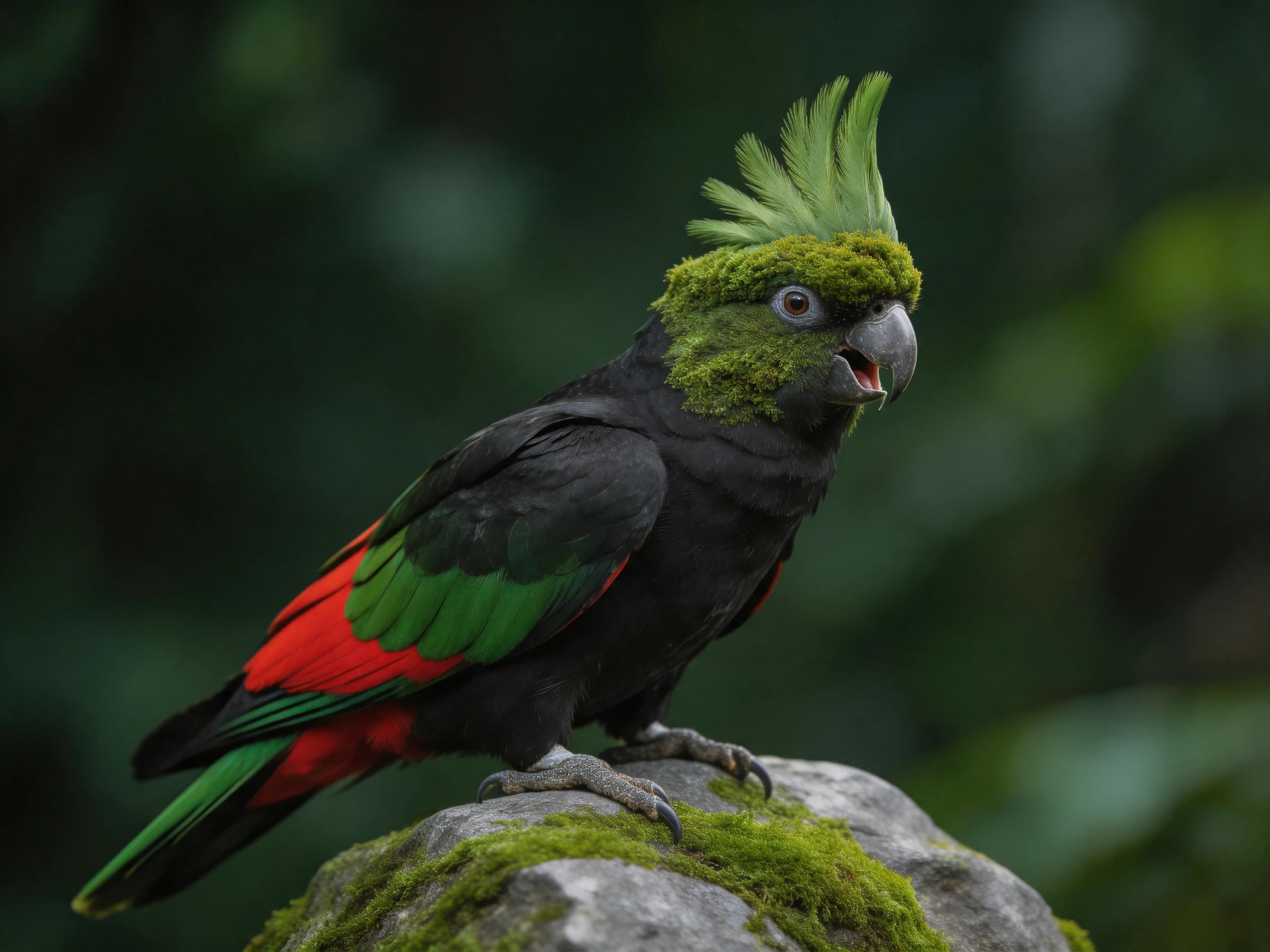 A colorful cockatoo with green crest perches on mossy rock