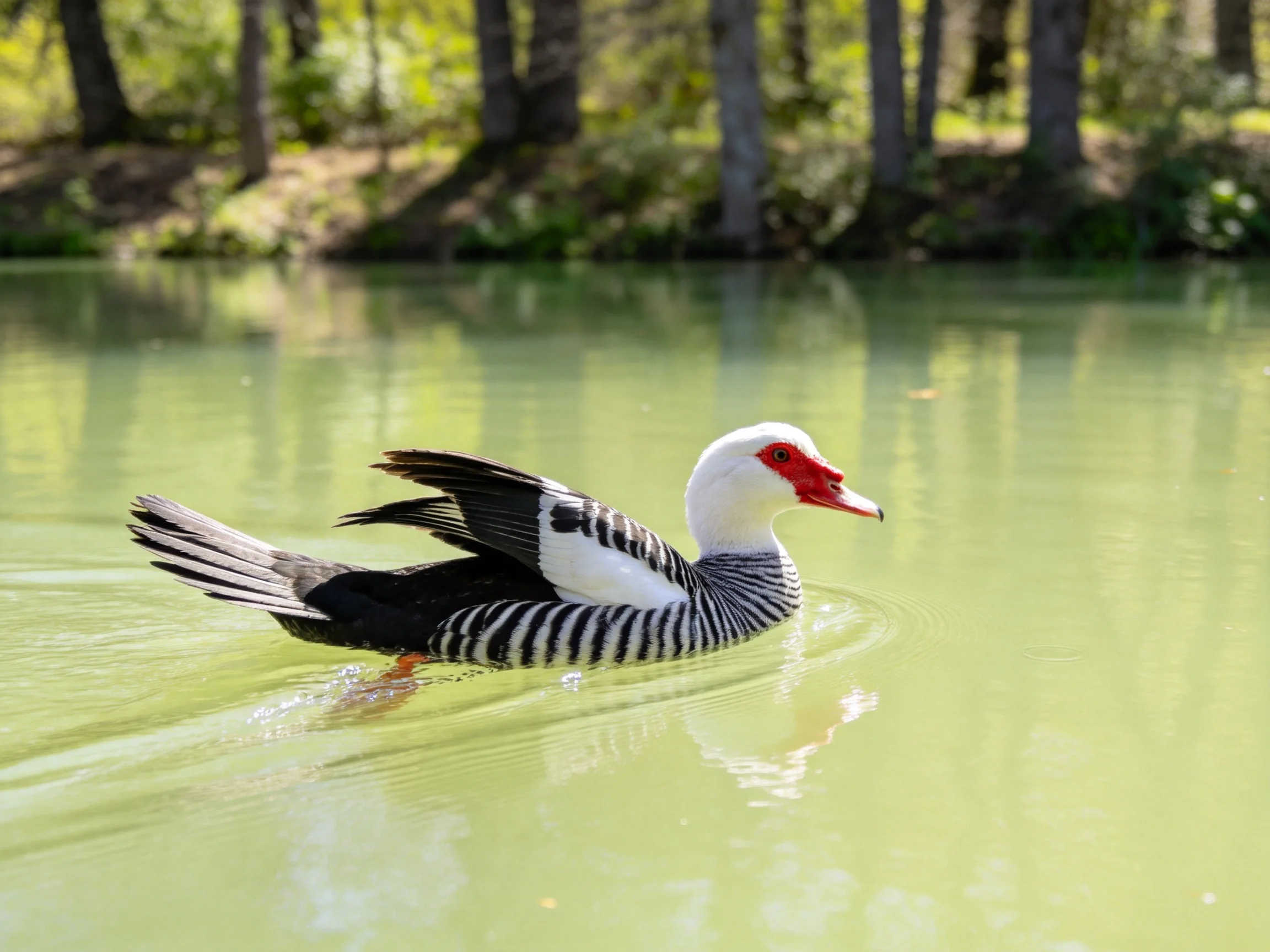 A colorful duck swims gracefully in a greenish pond near trees
