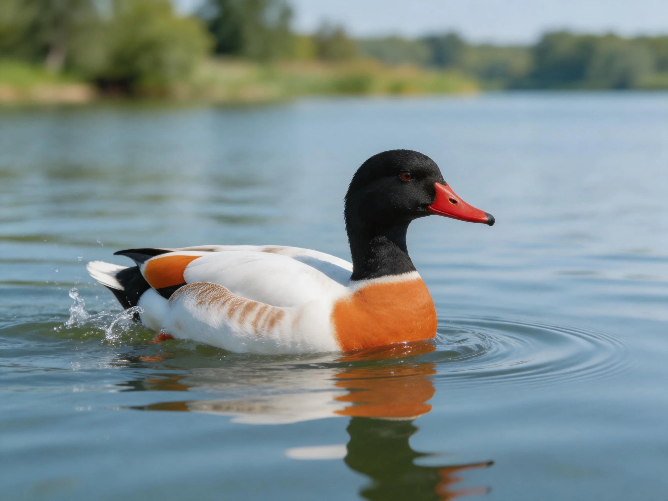 A colorful duck swims in calm blue water near greenery