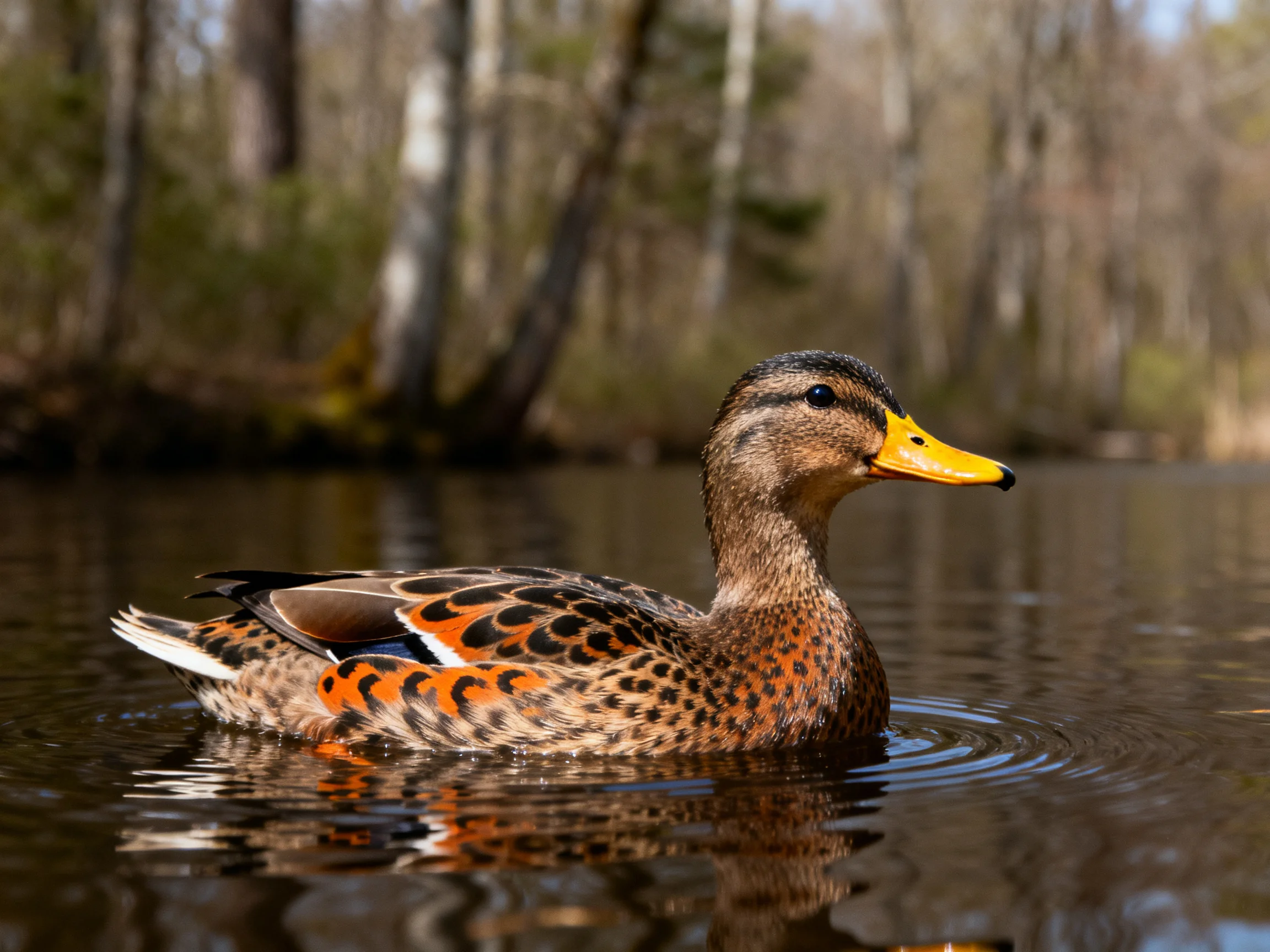 A colorful duck swims in calm water near forested trees