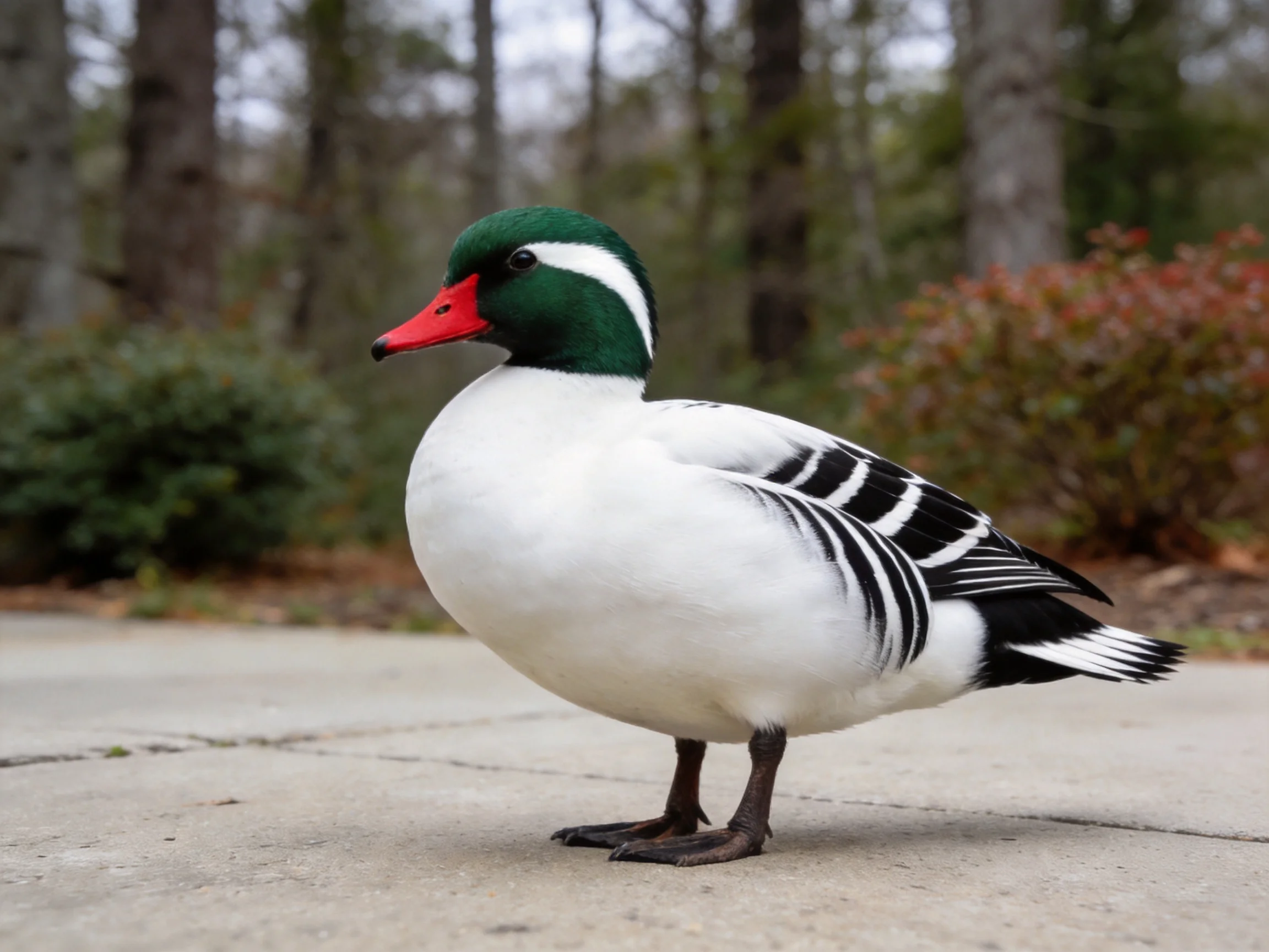 A duck with distinct coloration and patterned wings stands on pavement amid trees and shrubs.