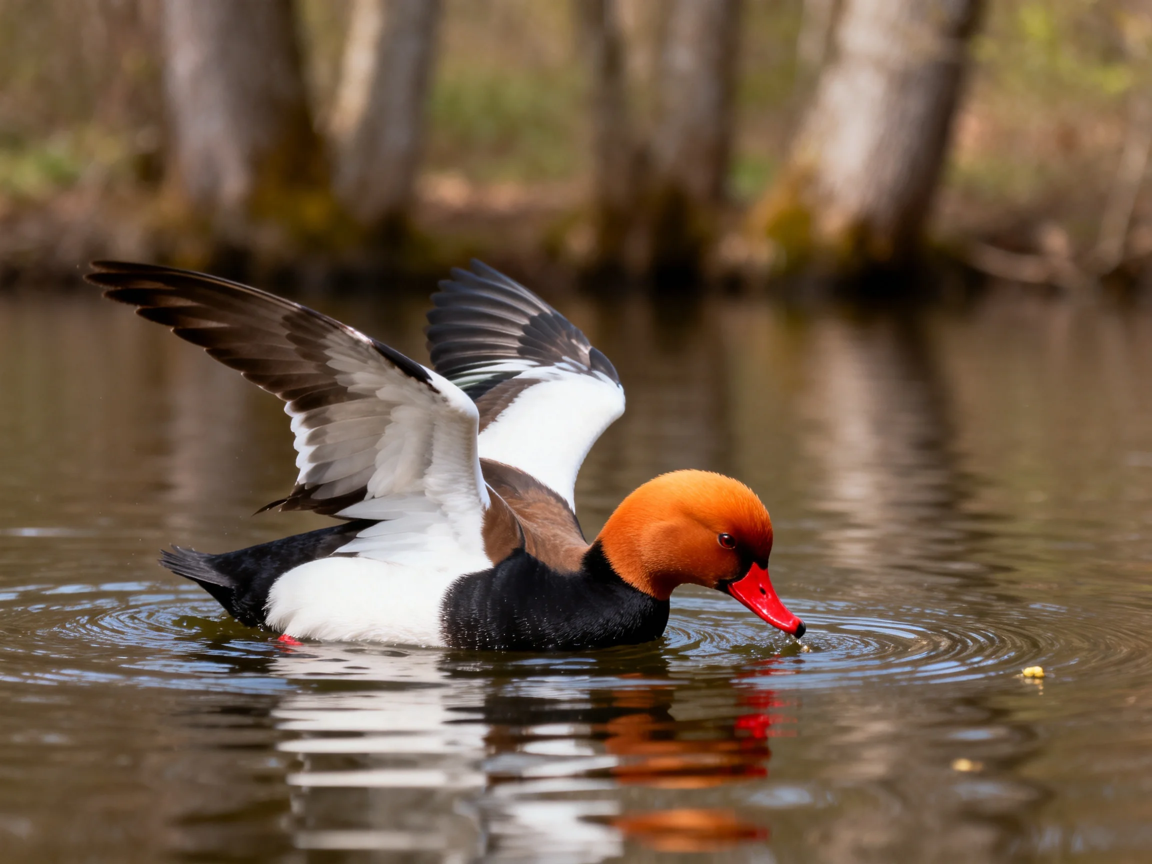 A colorful duck with orange head swims near tree trunks