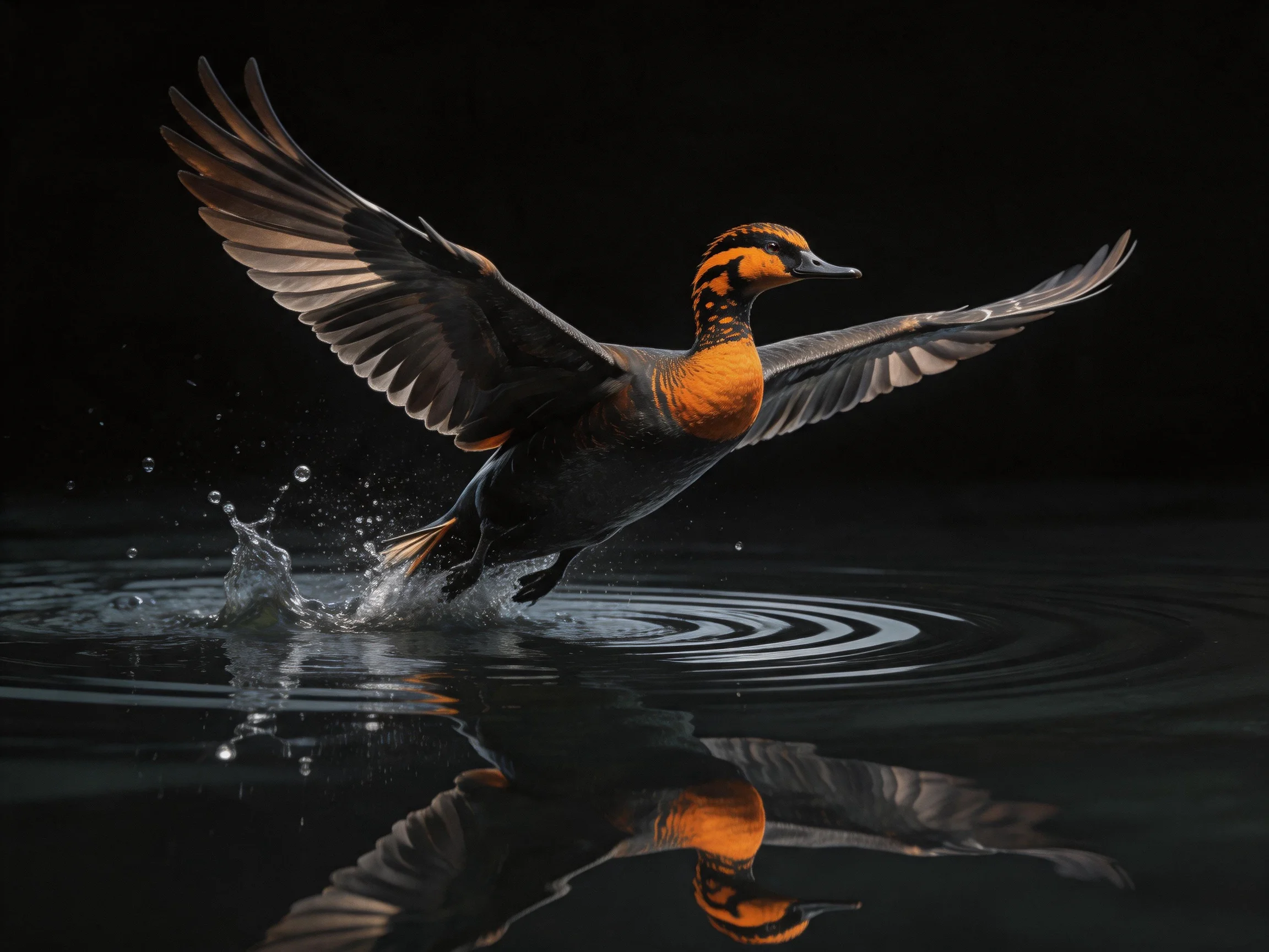 A colorful duck with orange neck flies above rippling water