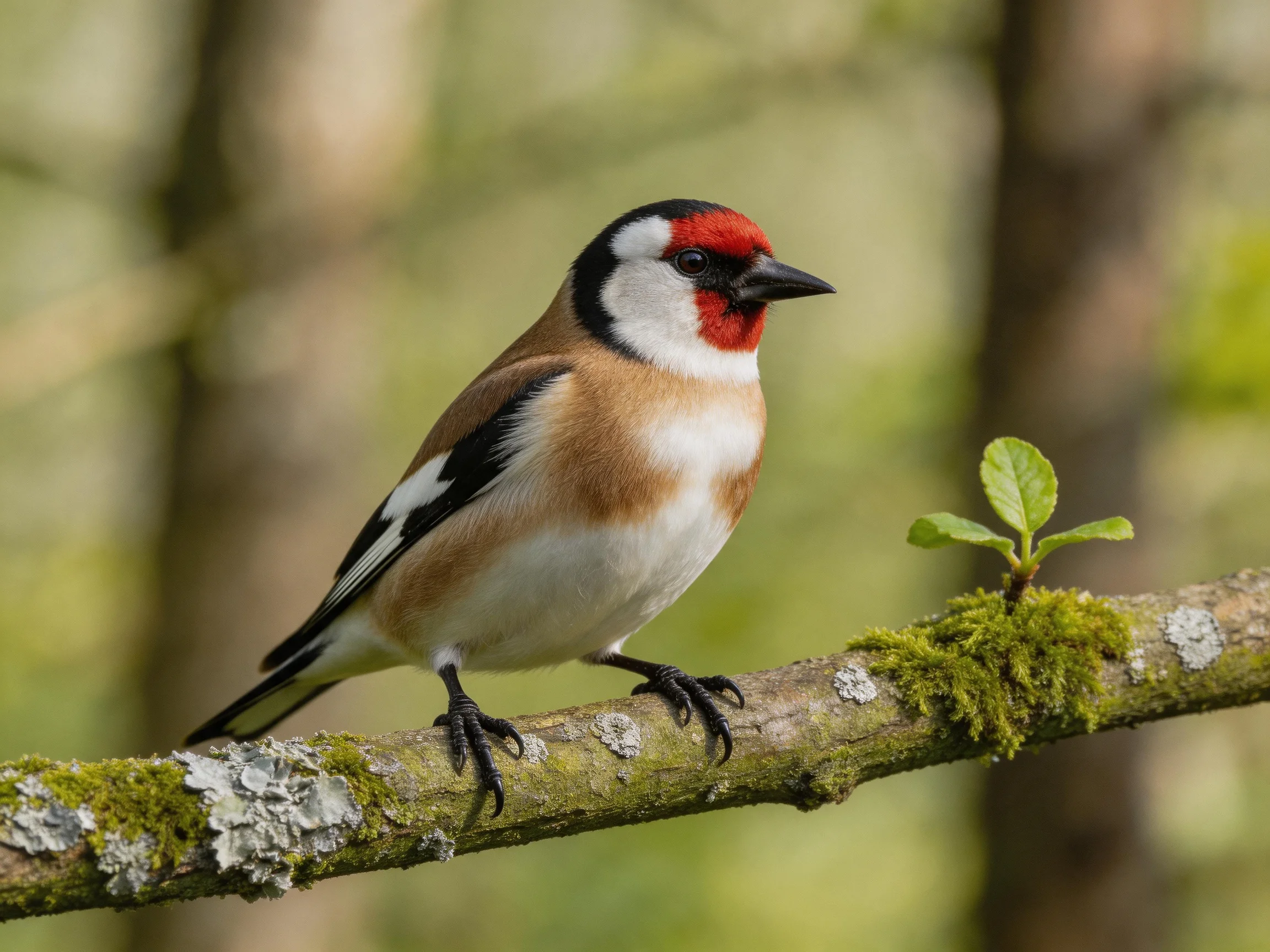 A colorful goldfinch perches on a moss-covered branch