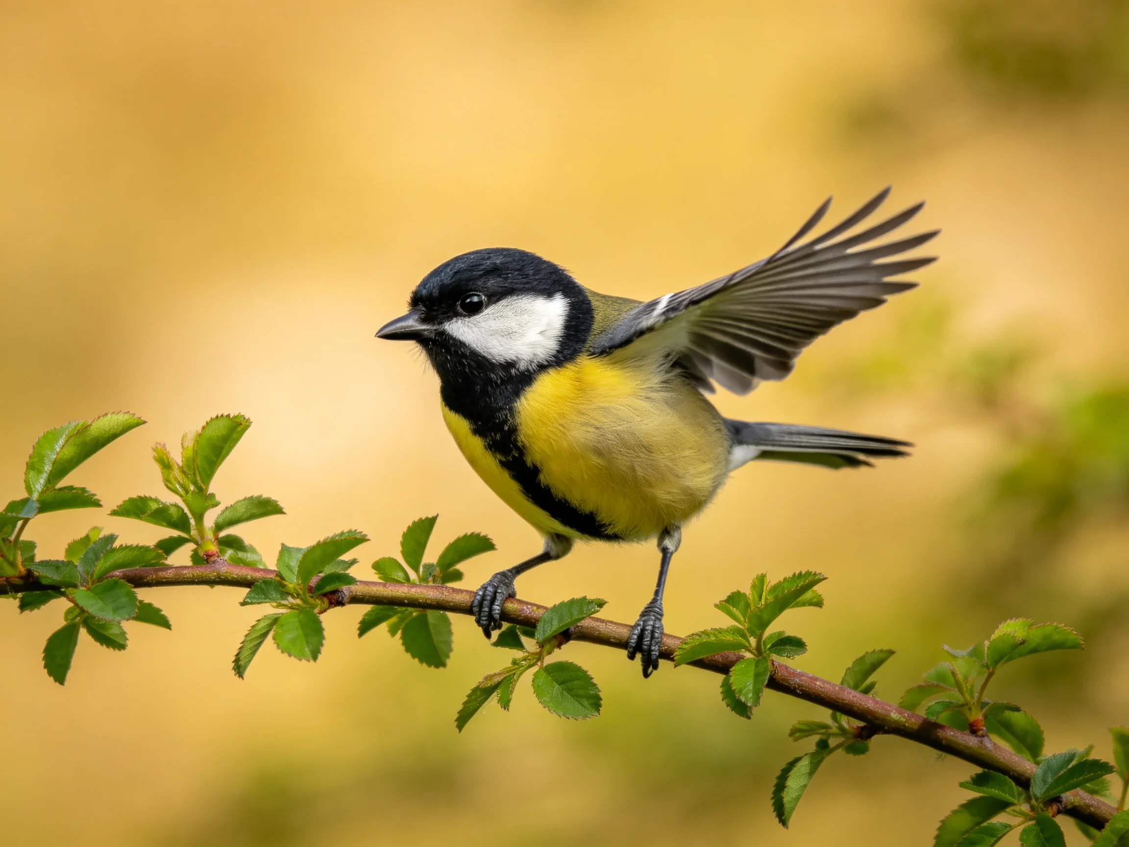 A colorful great tit perched on a leafy branch
