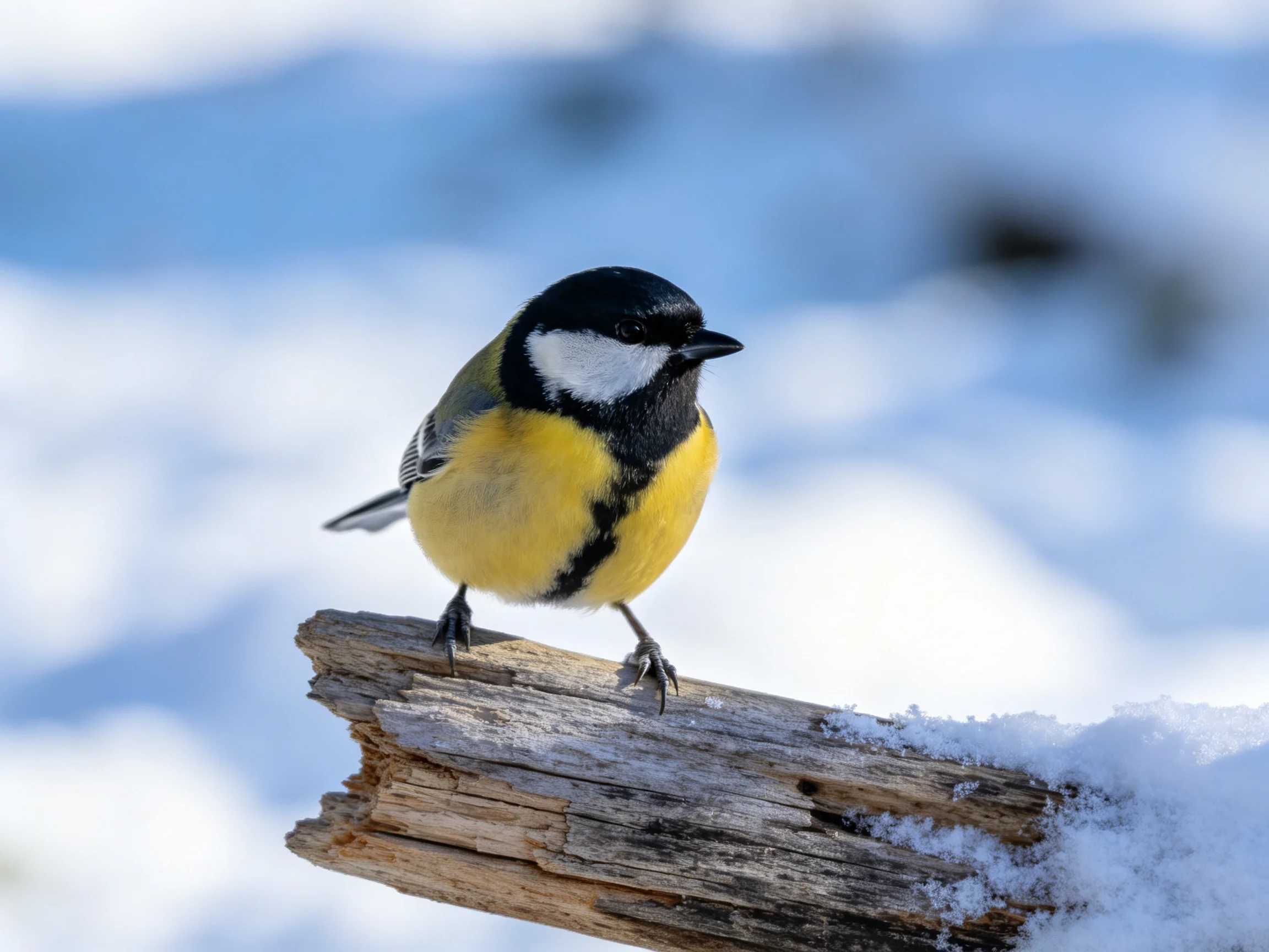 A colorful great tit perched on a snow-dusted wooden branch