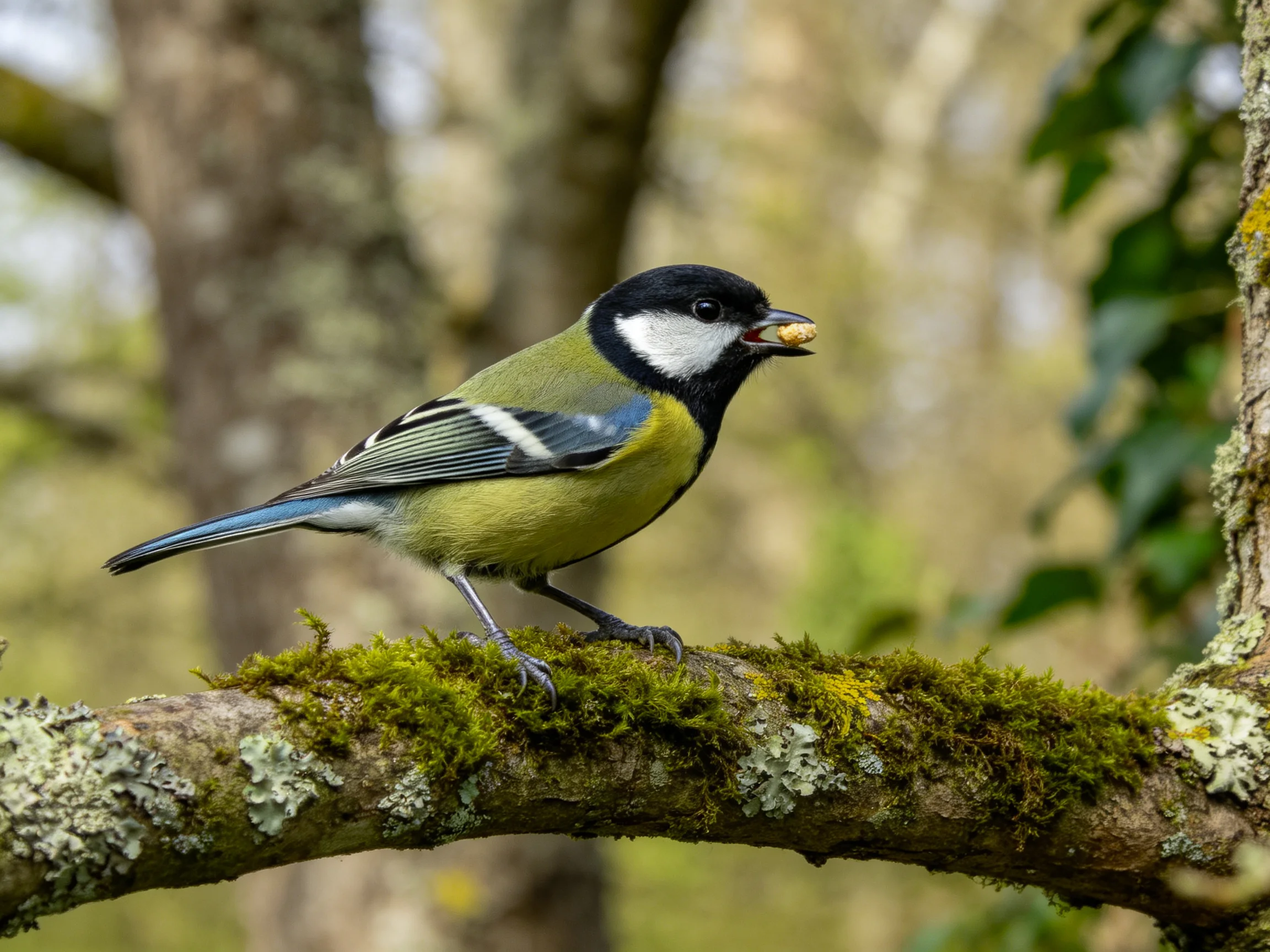 A colorful great tit perches on a moss-covered tree branch