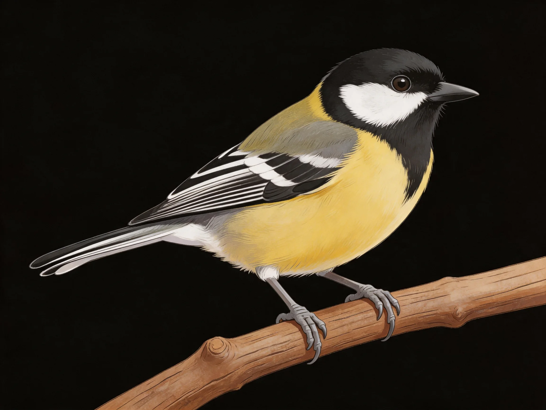 A colorful great tit with black, white, and yellow plumage perched on a wooden branch