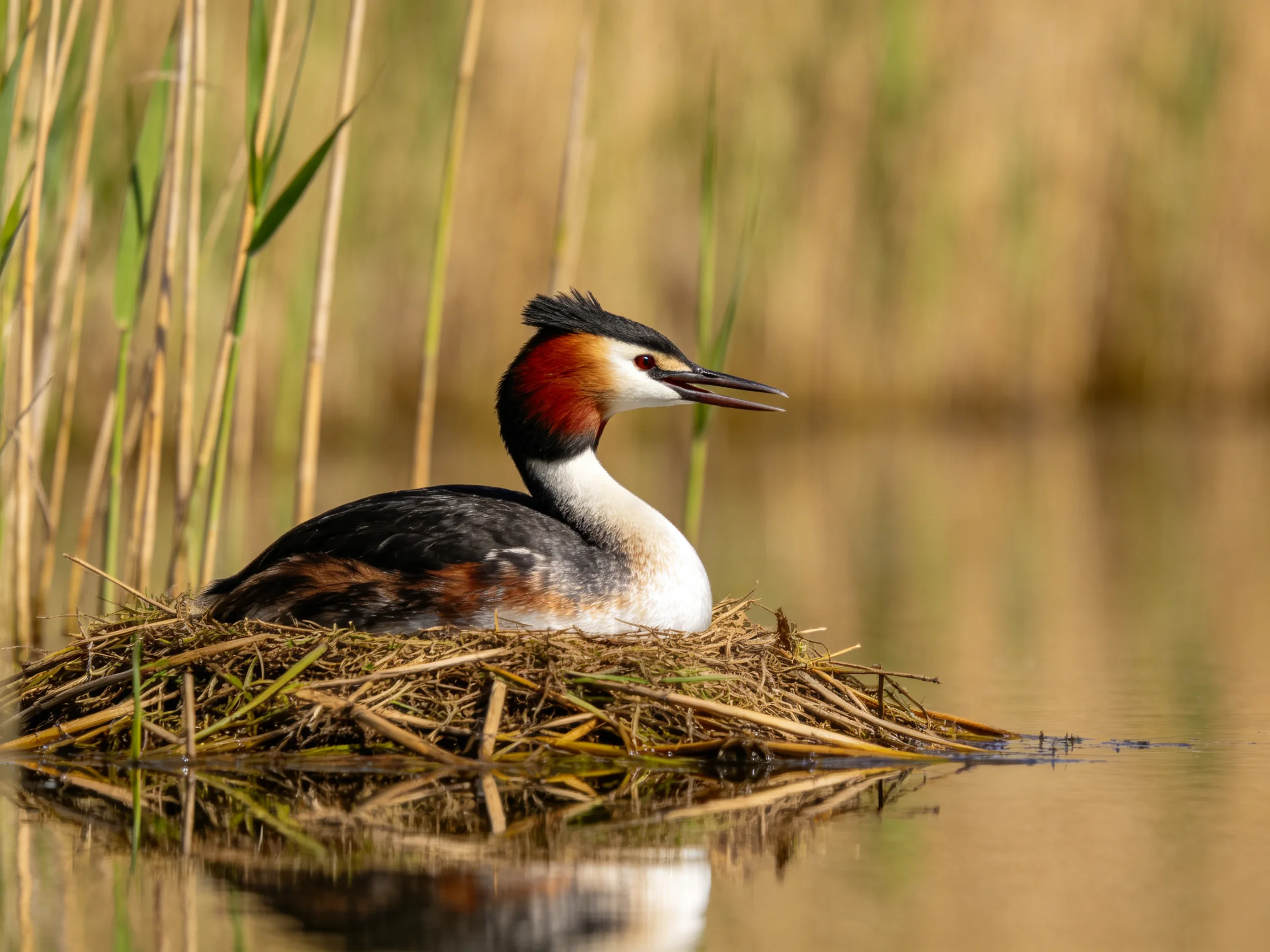 A colorful grebe rests on a reed nest by calm waters