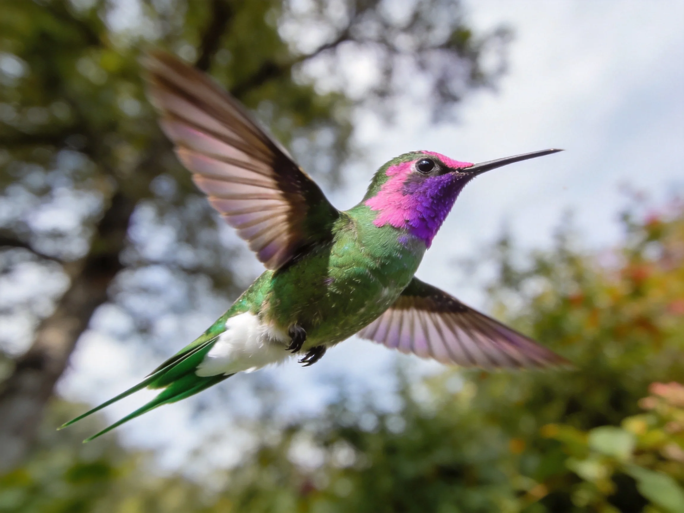 A colorful hummingbird soaring with green, purple, and white plumage