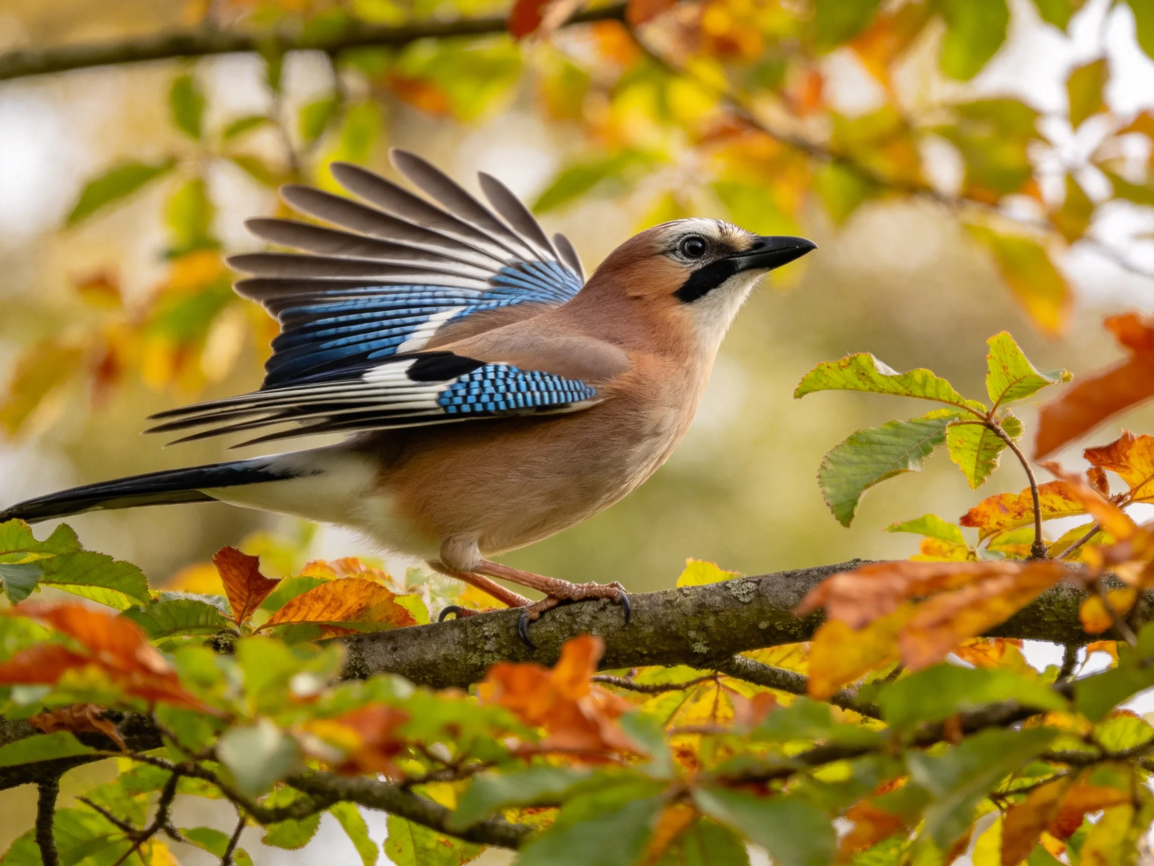 A colorful jay bird perched among autumn leaves