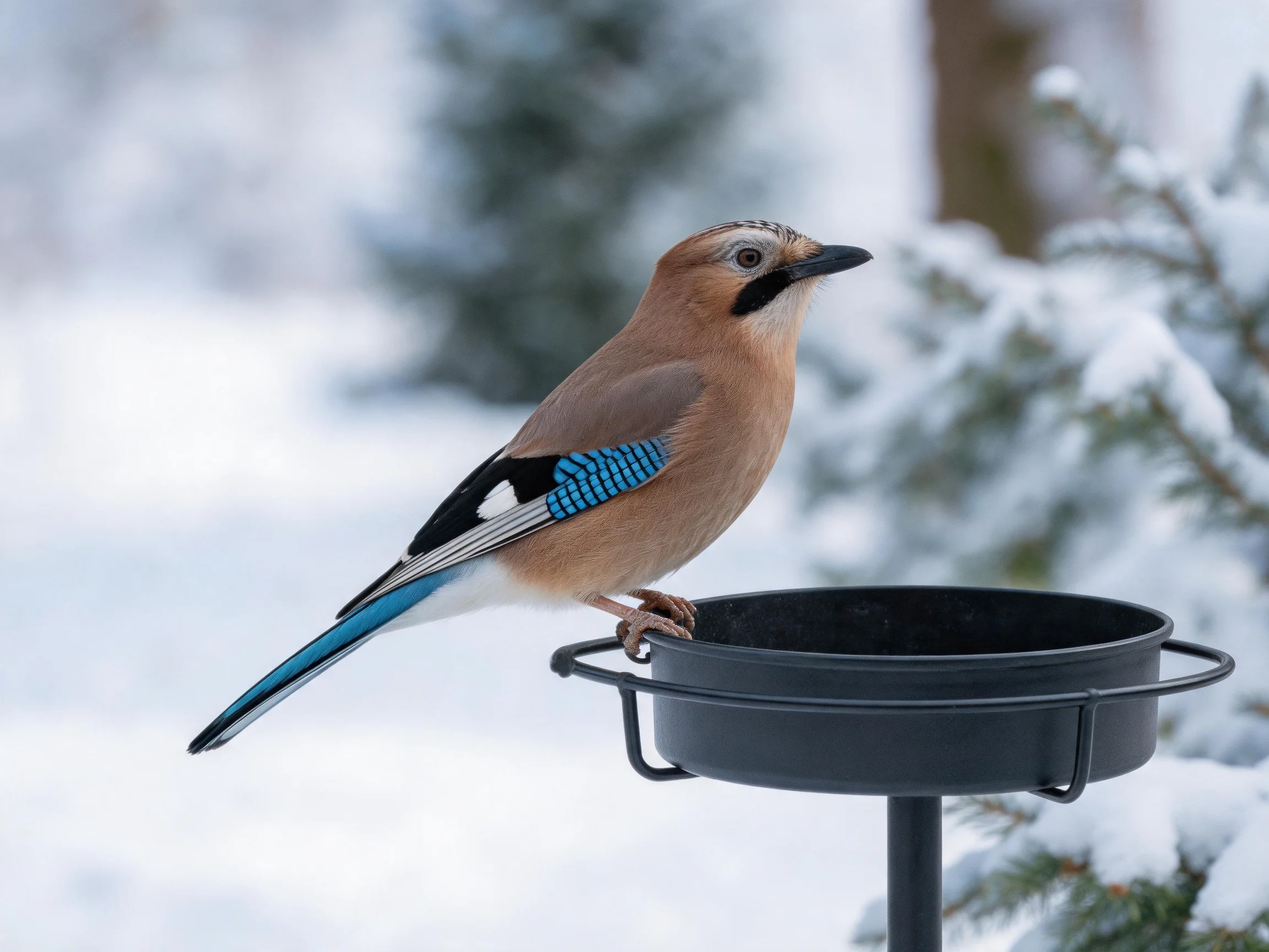 A colorful jay perched on a black feeder amid snowy trees