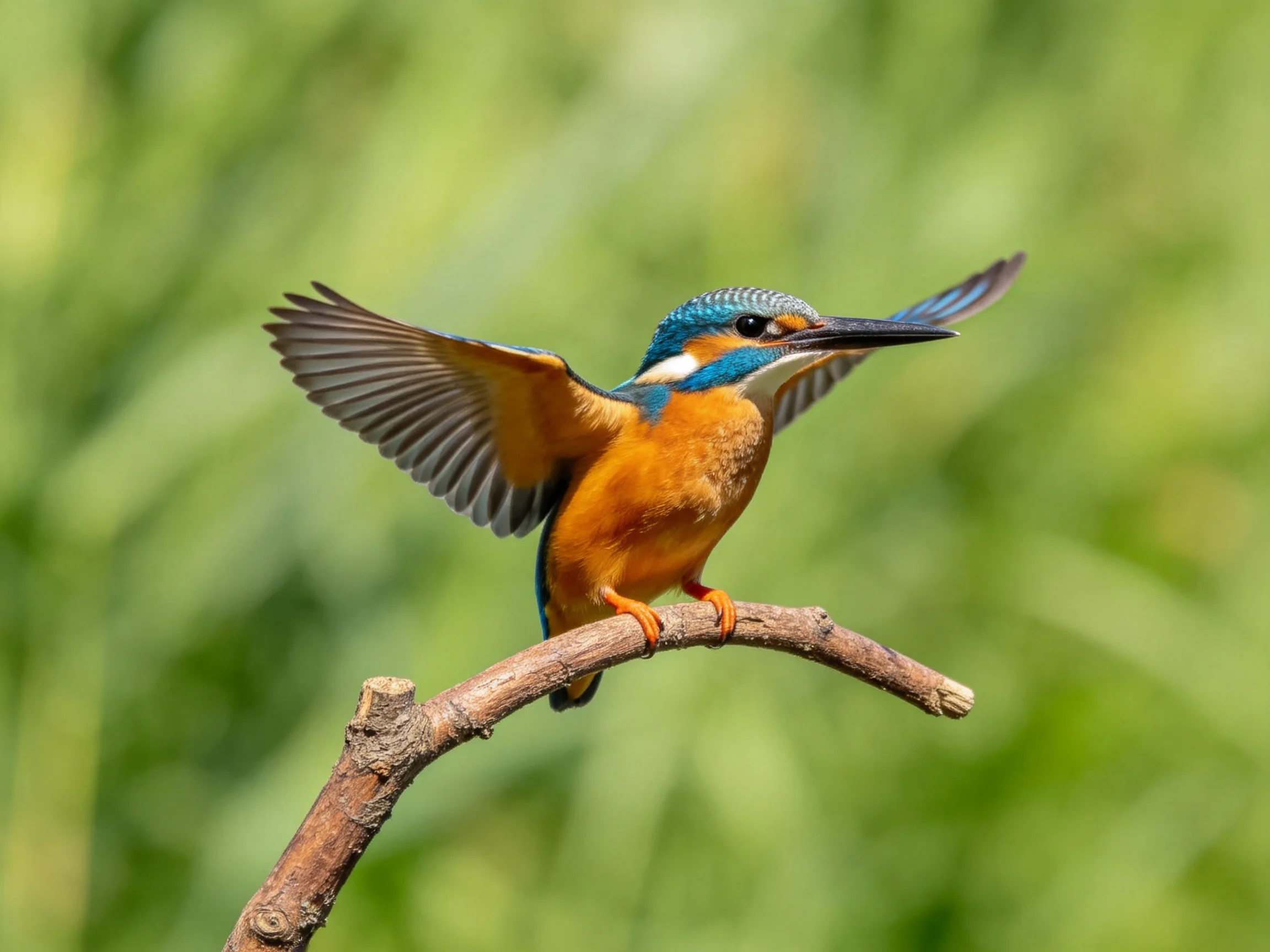 A colorful kingfisher landing on a branch with extended wings
