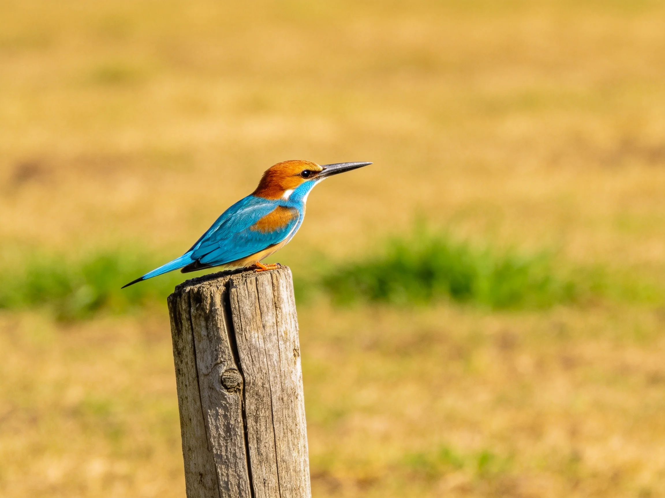 A colorful kingfisher perched on a weathered wooden post