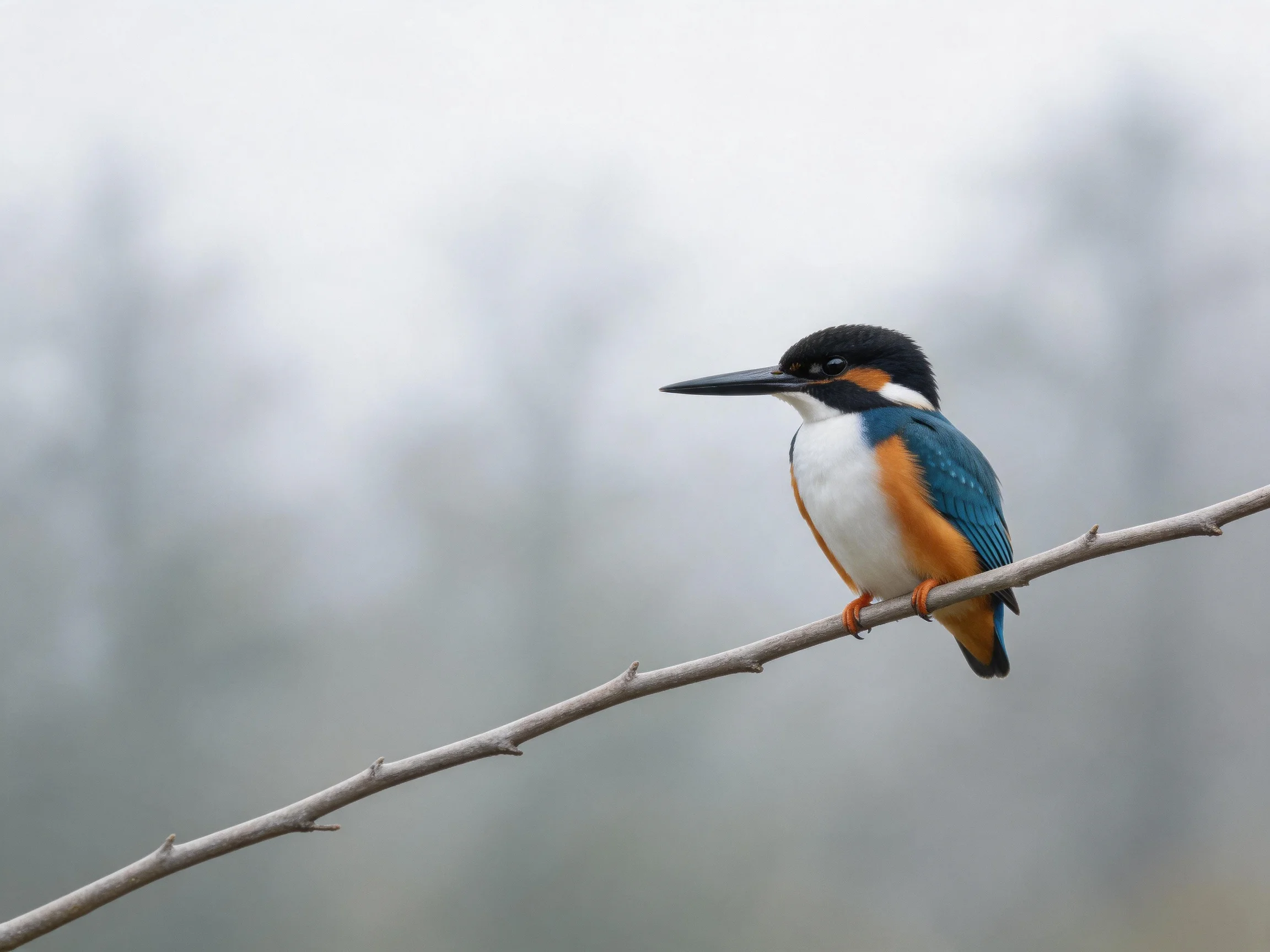 A colorful kingfisher perches on a bare tree branch