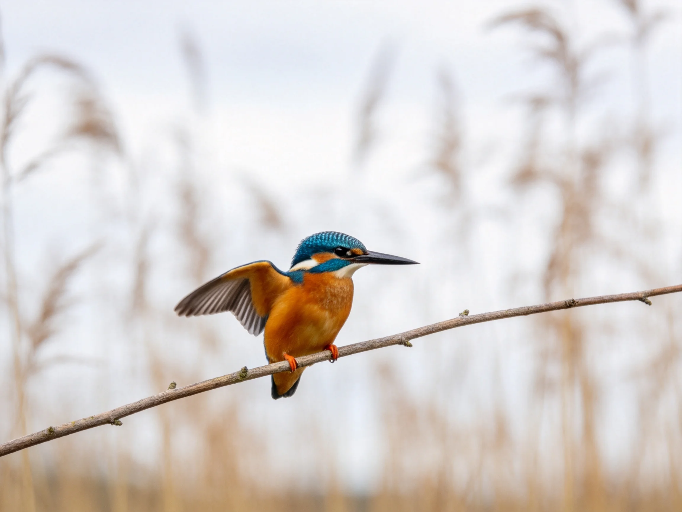 A colorful kingfisher perches on a thin branch amid tall reeds