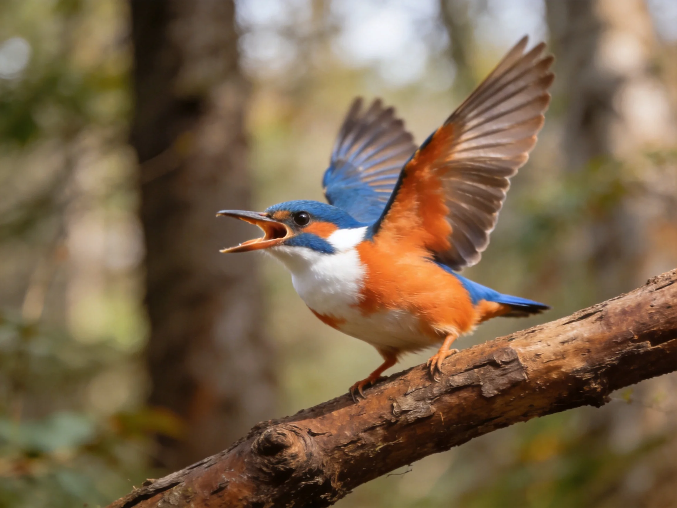 A colorful kingfisher spreads wings on a wooden branch