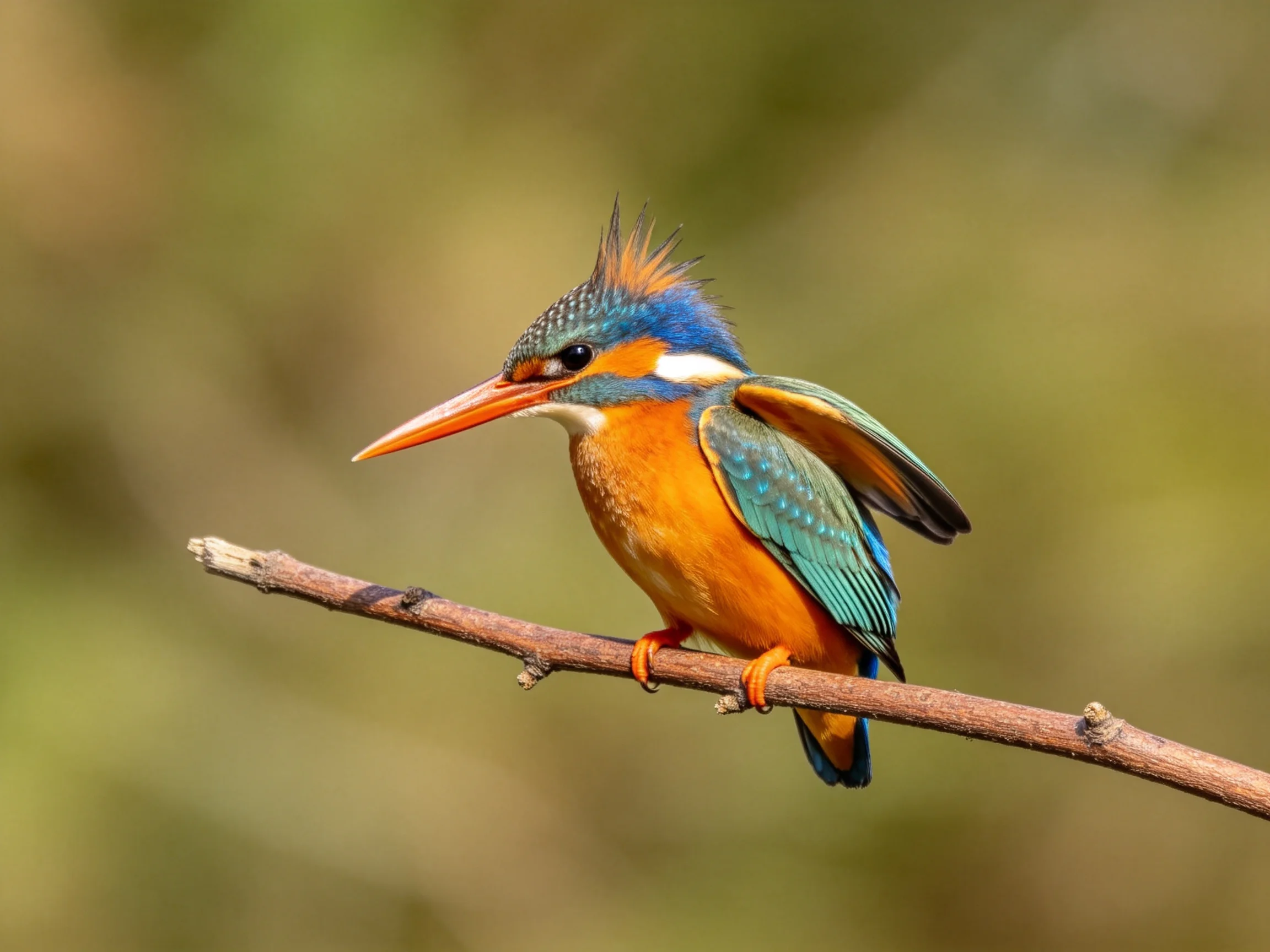 A colorful kingfisher with blue, orange, and green plumage perched on a branch
