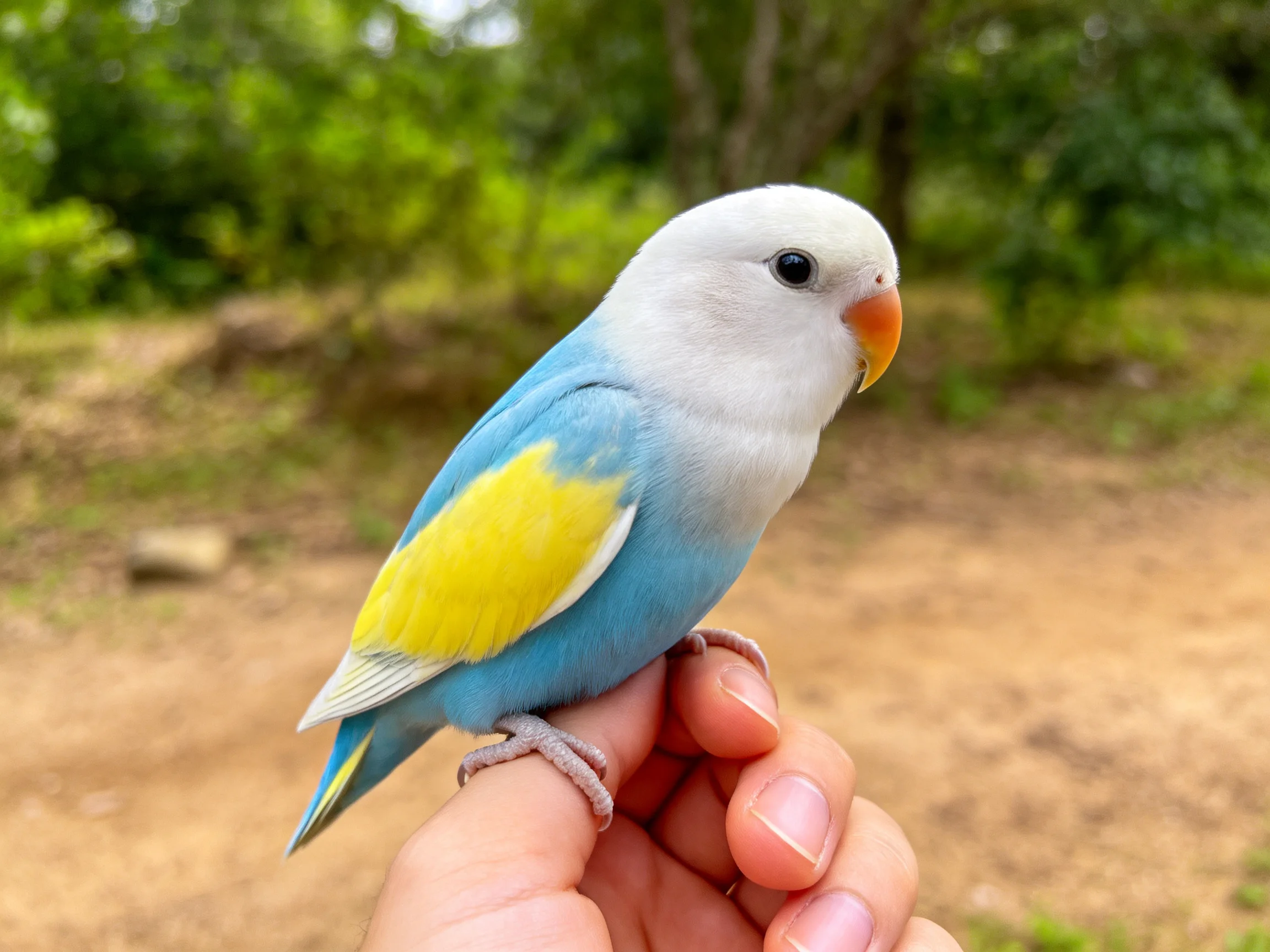 A colorful lovebird perched on human fingers near greenery