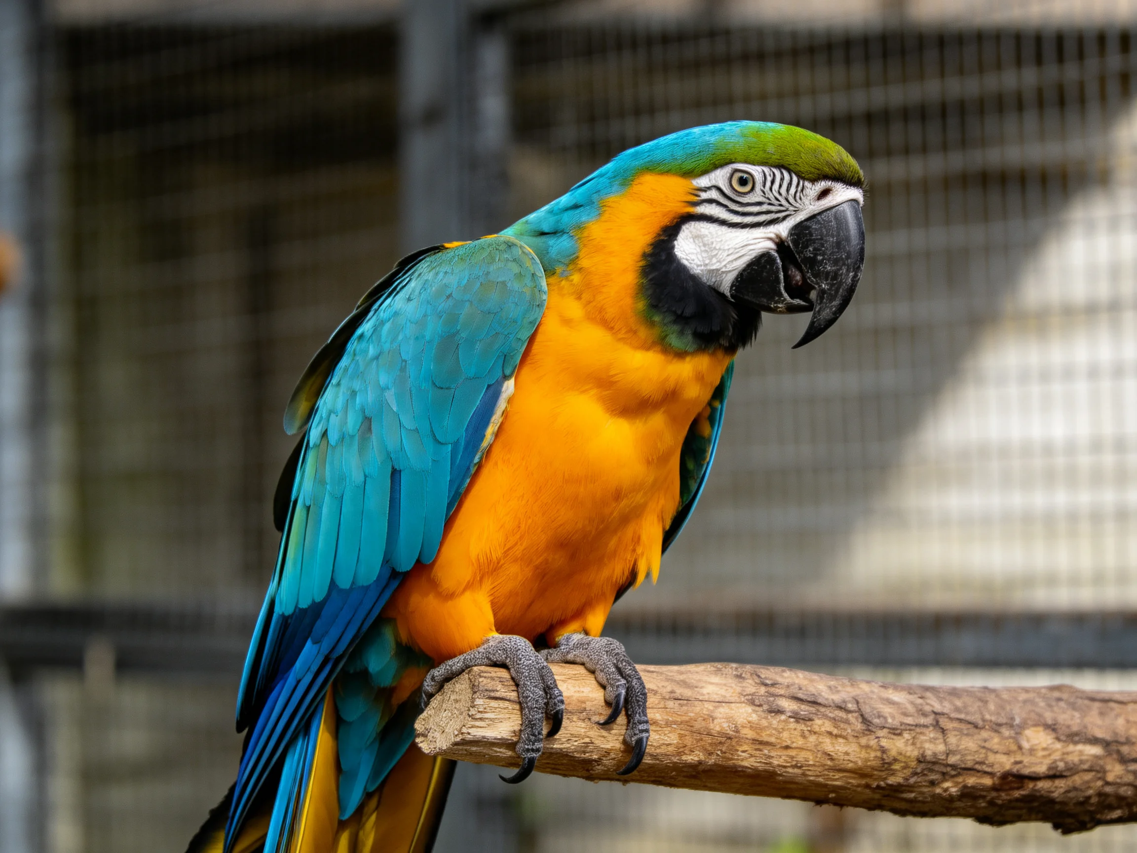 A colorful macaw perched on a wooden branch near a cage