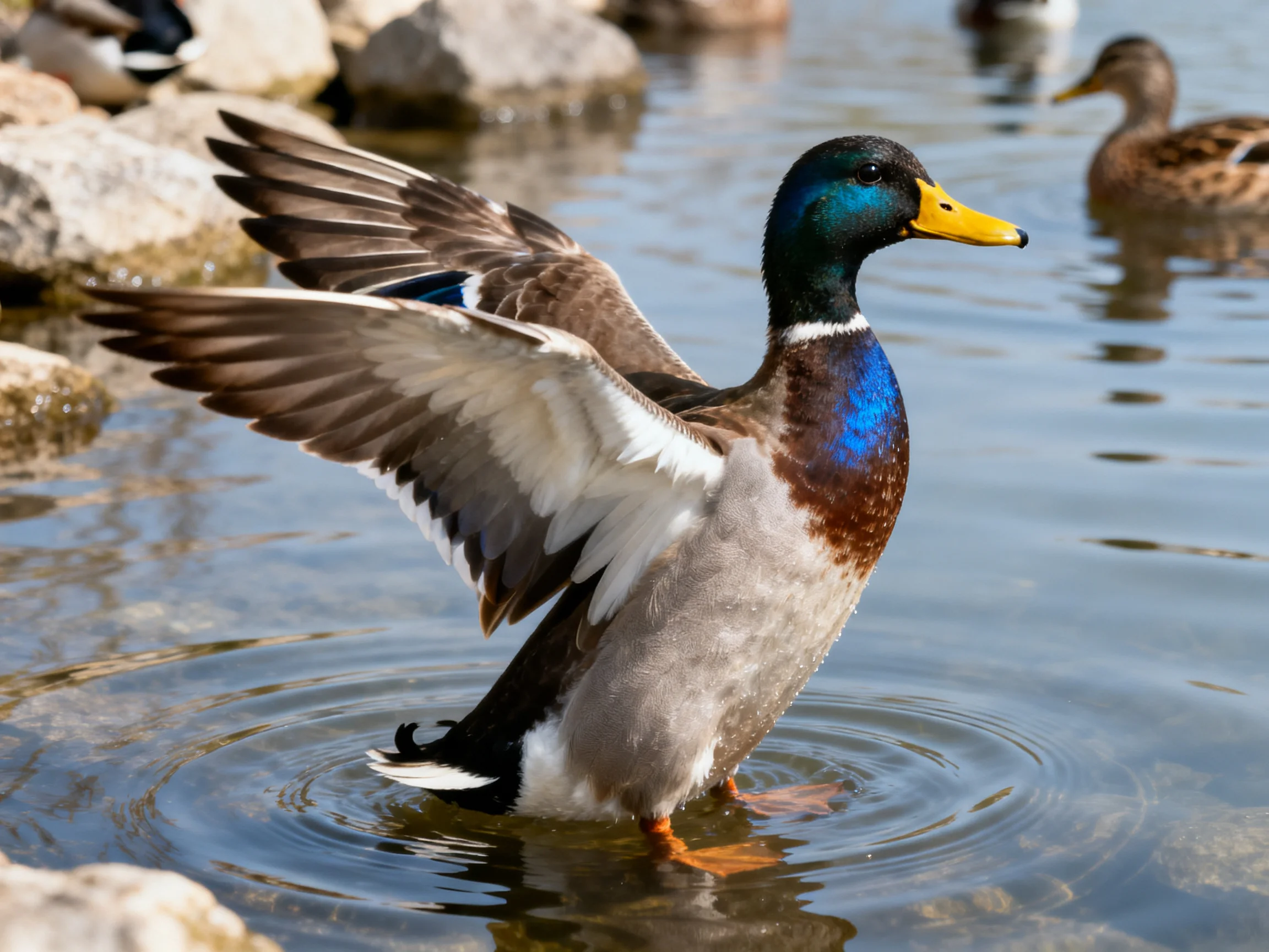 A colorful male duck spreading wings in shallow water near rocks