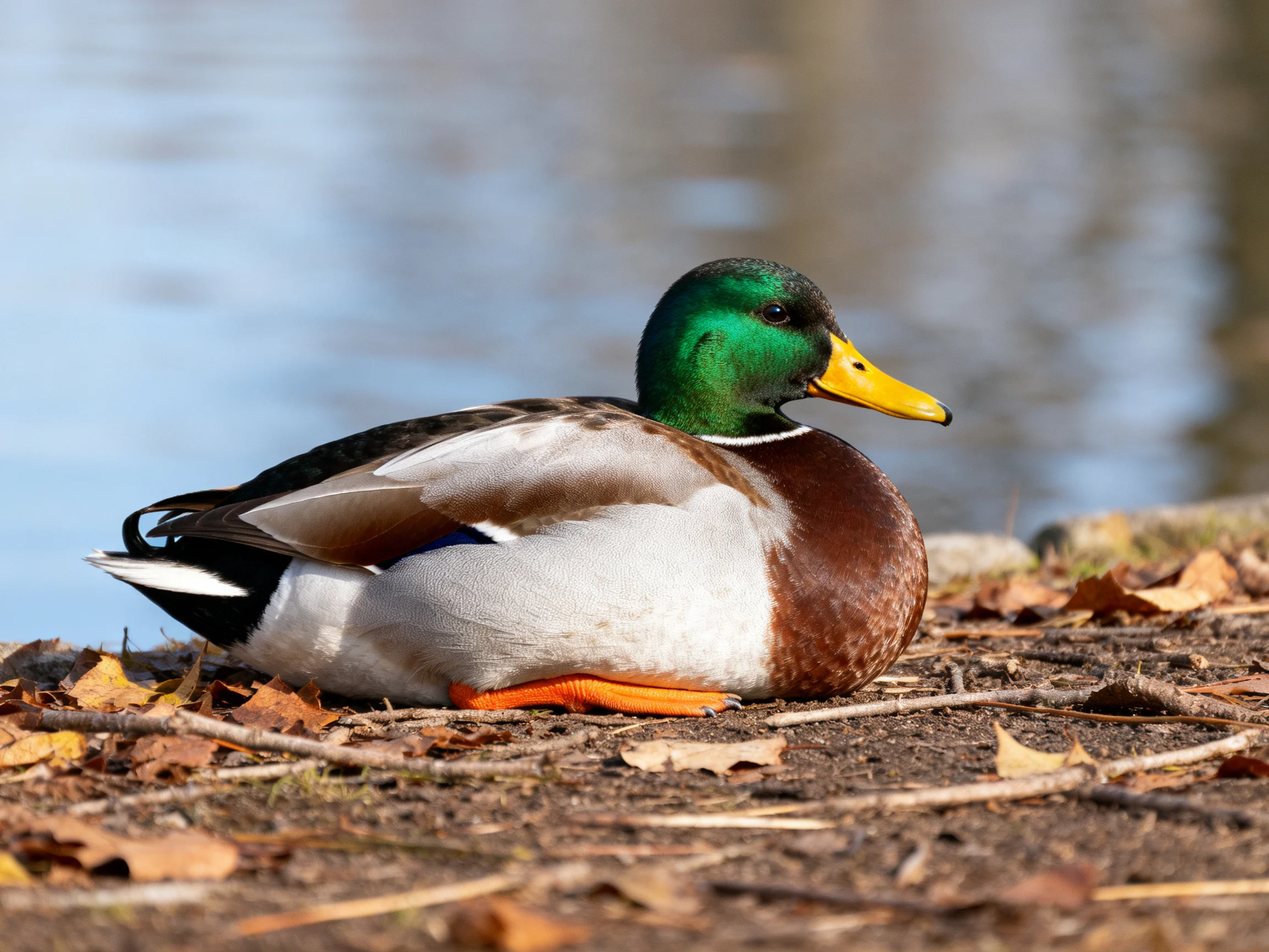 A colorful male mallard duck resting on leaf-strewn ground