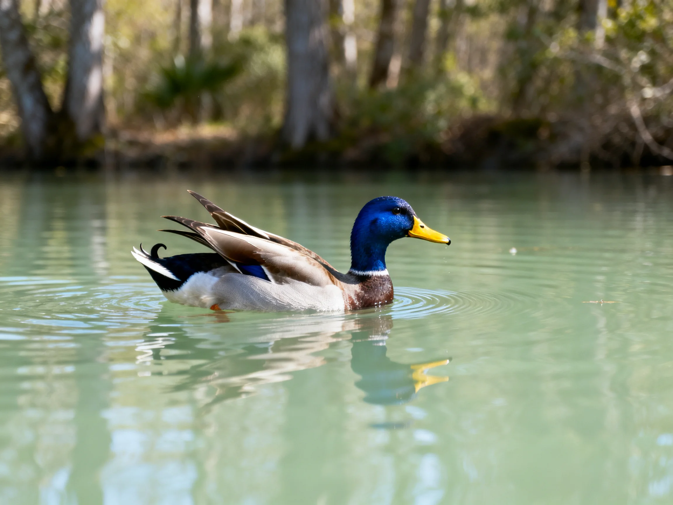 A colorful male mallard swims in calm green water near wooded trees