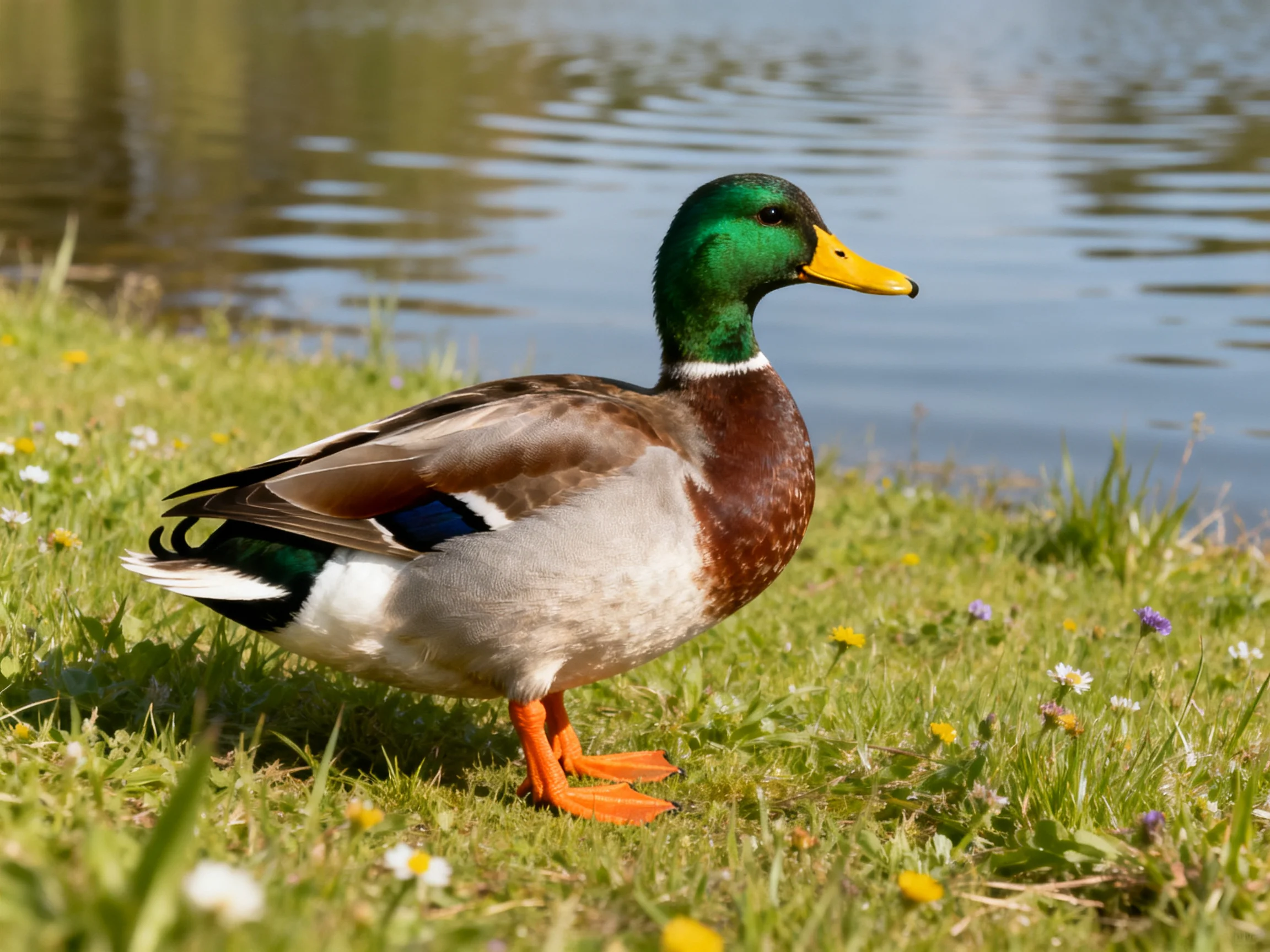 A colorful mallard duck by a serene pond