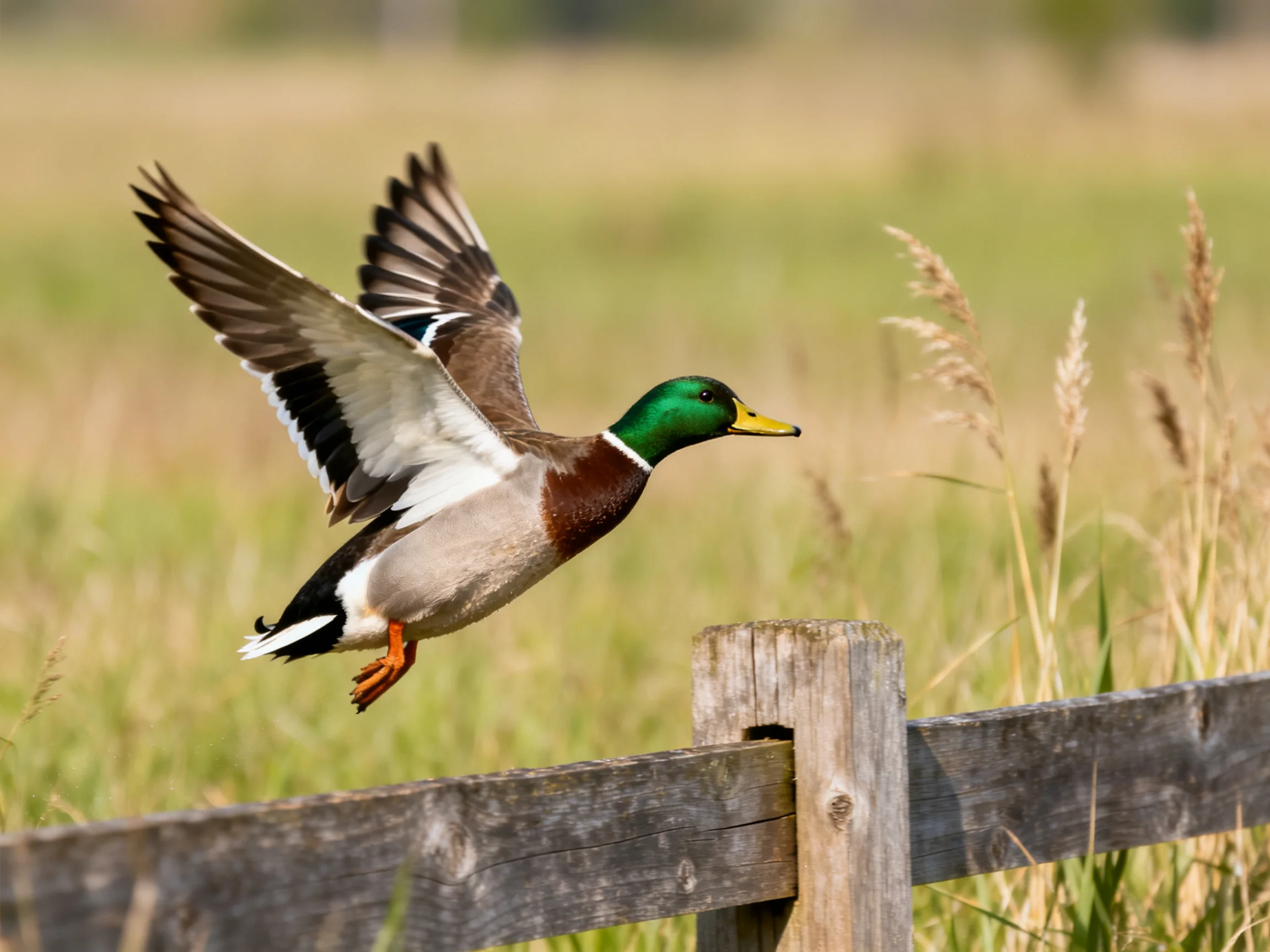 A colorful mallard duck flies over a wooden fence