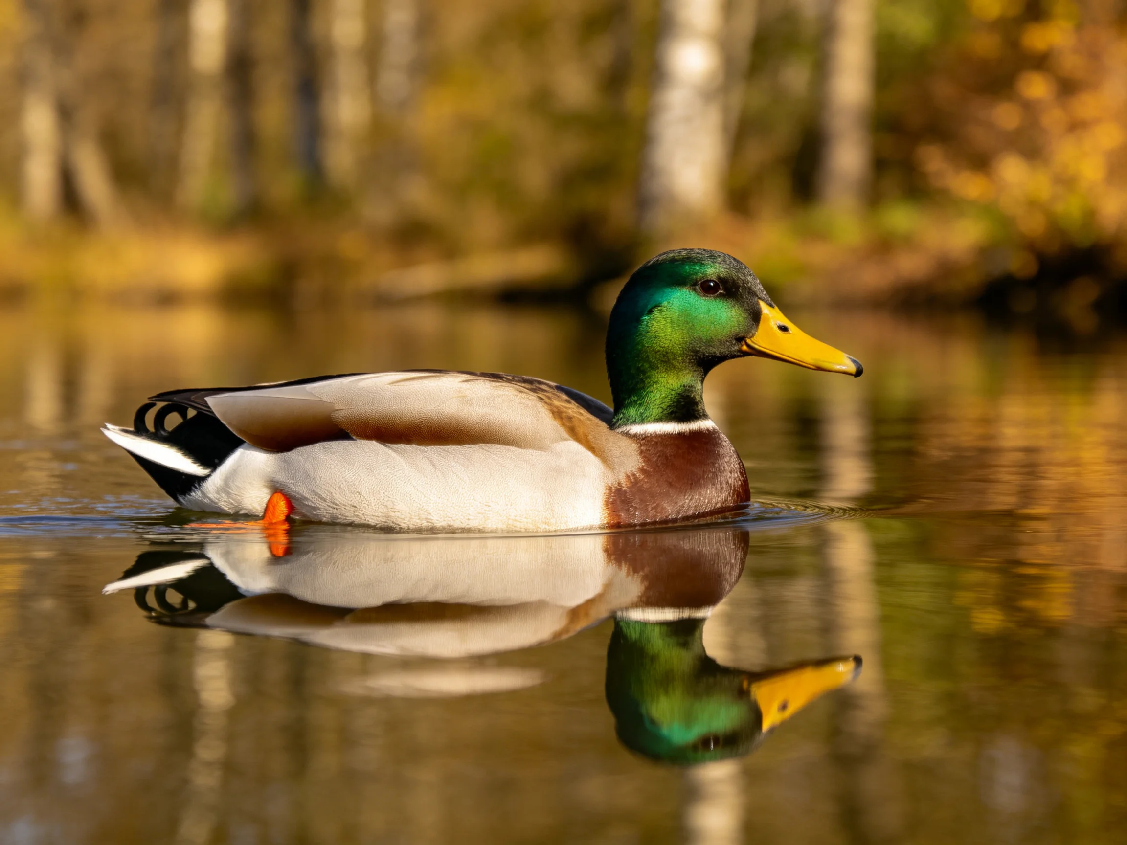 A colorful mallard duck glides on calm water