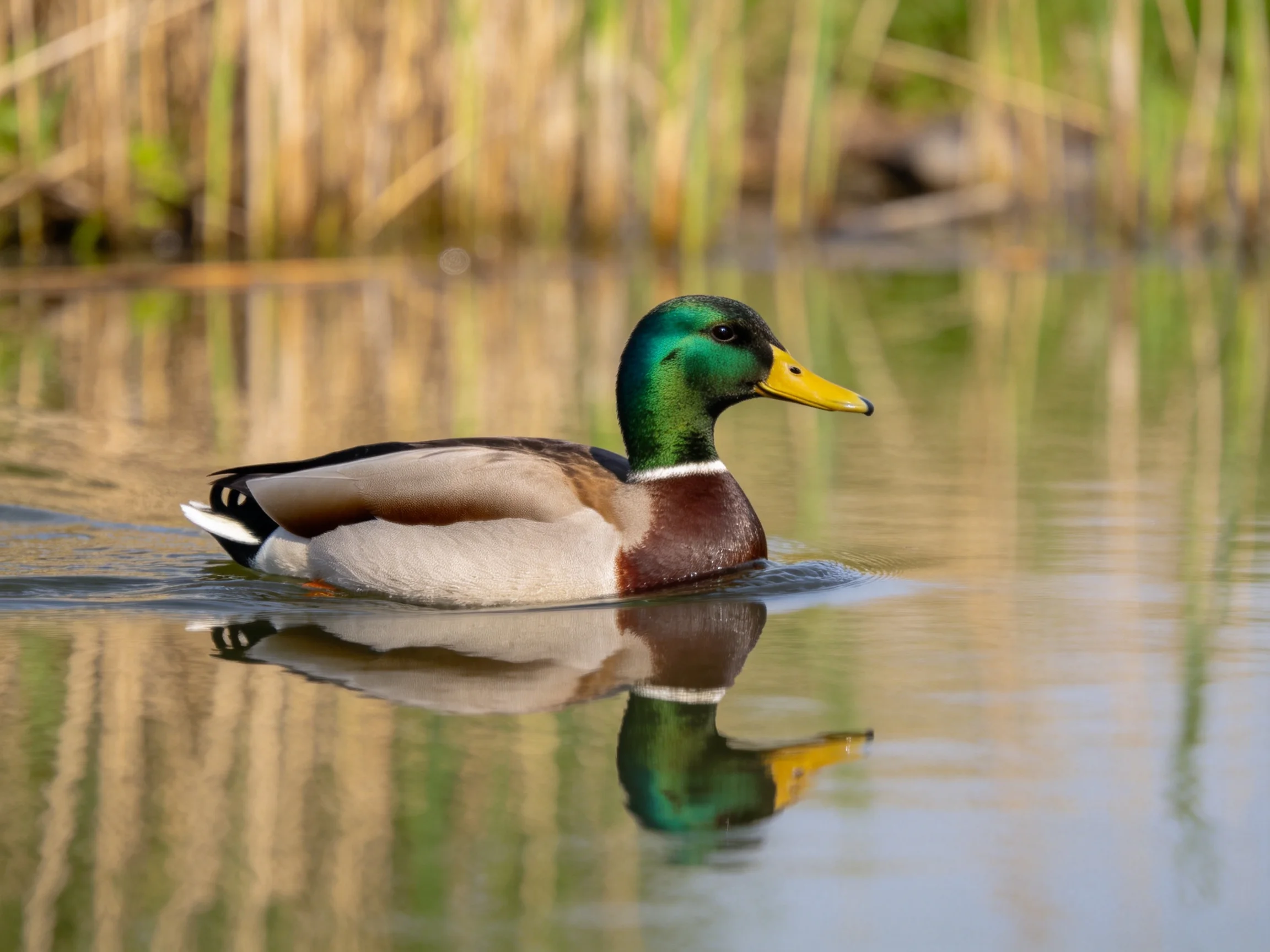 A colorful mallard duck gliding on calm water near tall reeds