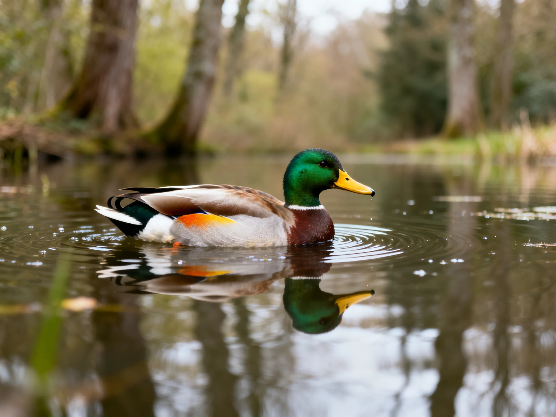A colorful mallard duck gliding on calm water near tall trees
