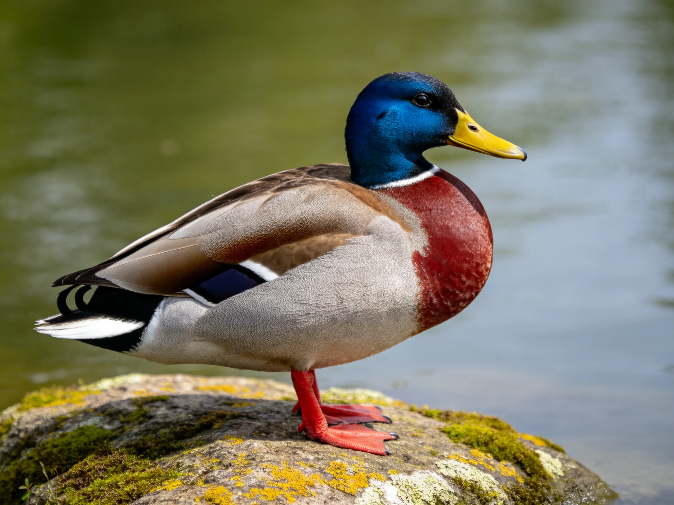 A colorful mallard duck perched on a moss-covered rock by calm water