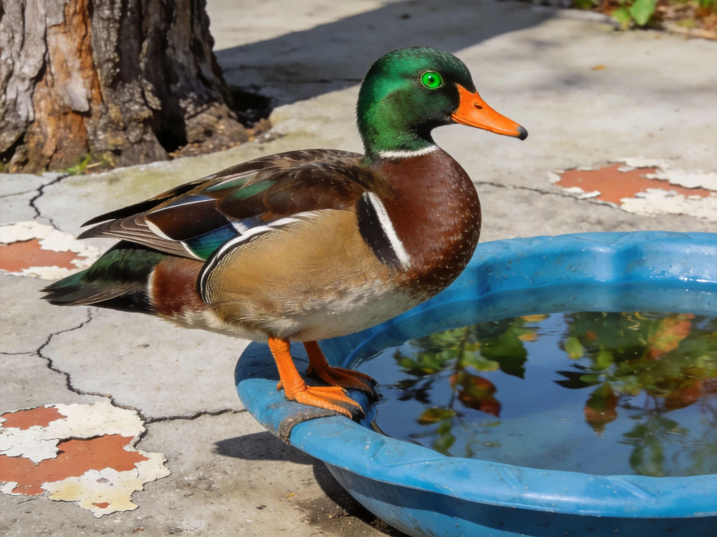 A mallard duck with green head and orange beak stands by a blue water dish.