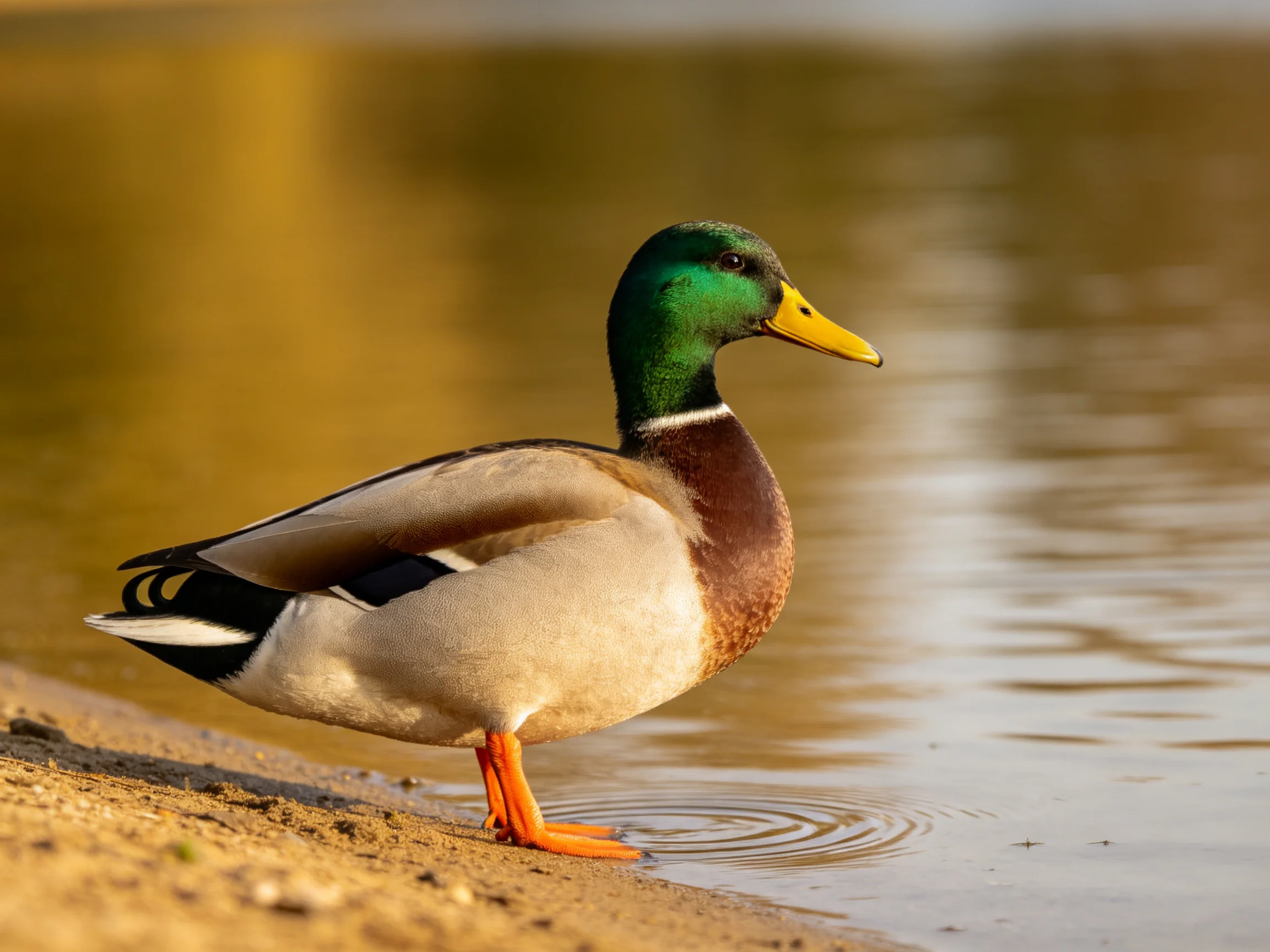 A colorful mallard duck standing by calm waters edge