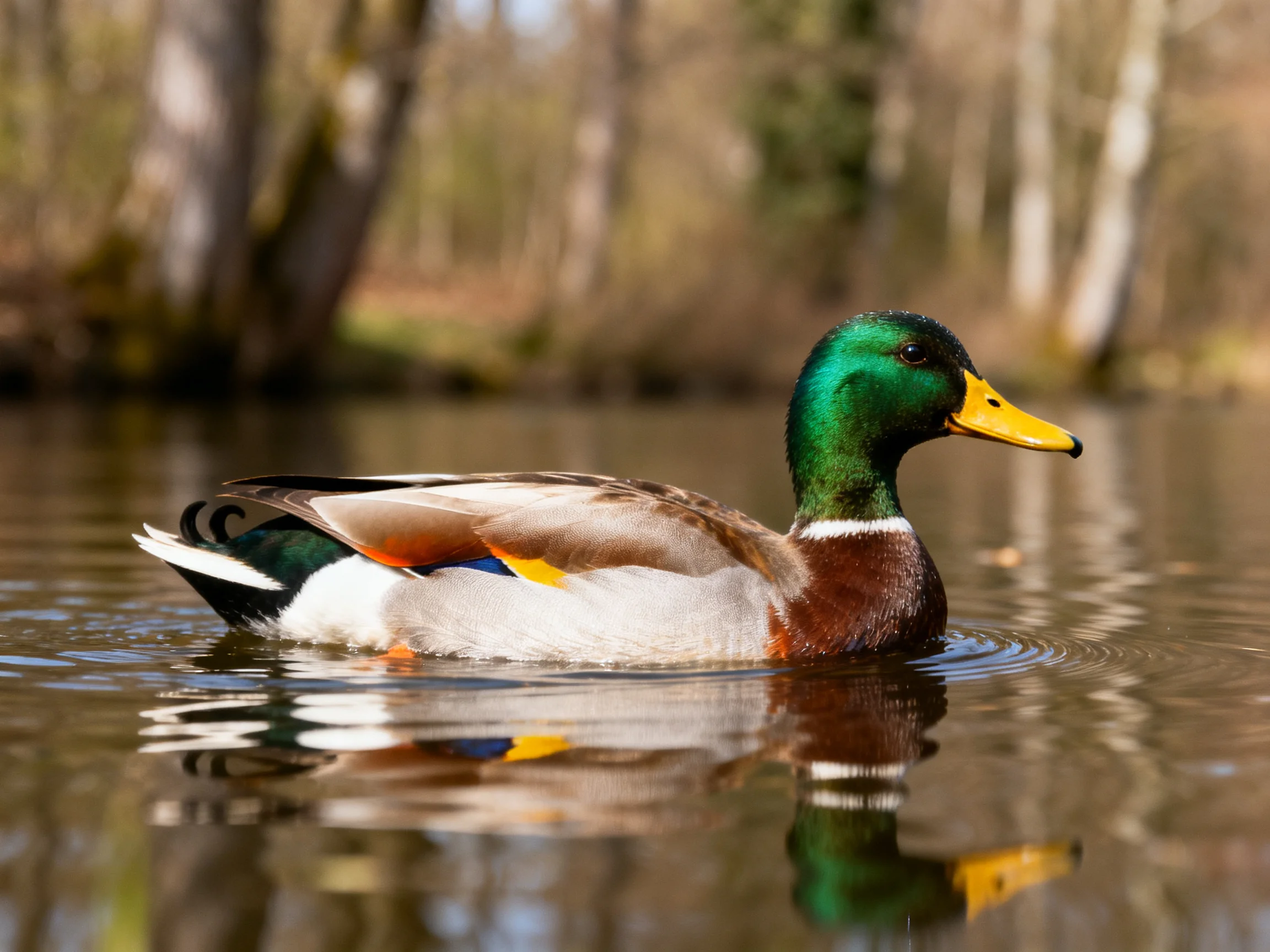A colorful mallard duck swims gracefully in calm water