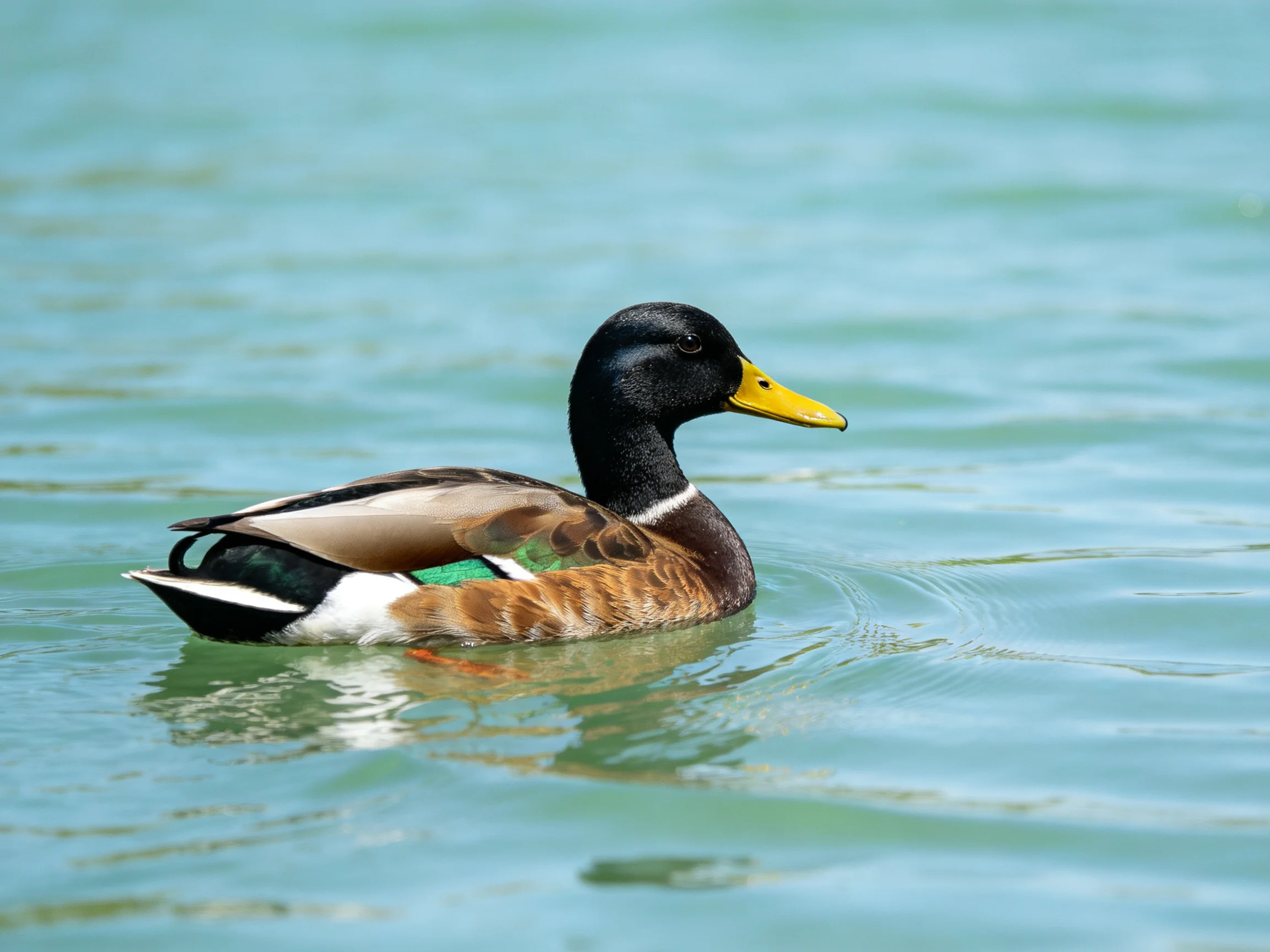 A mallard duck glides smoothly over tranquil blue-green water.