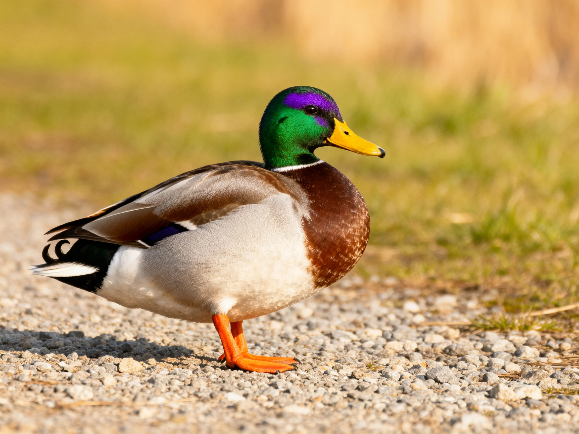 A colorful mallard duck with green head, yellow beak, and orange feet